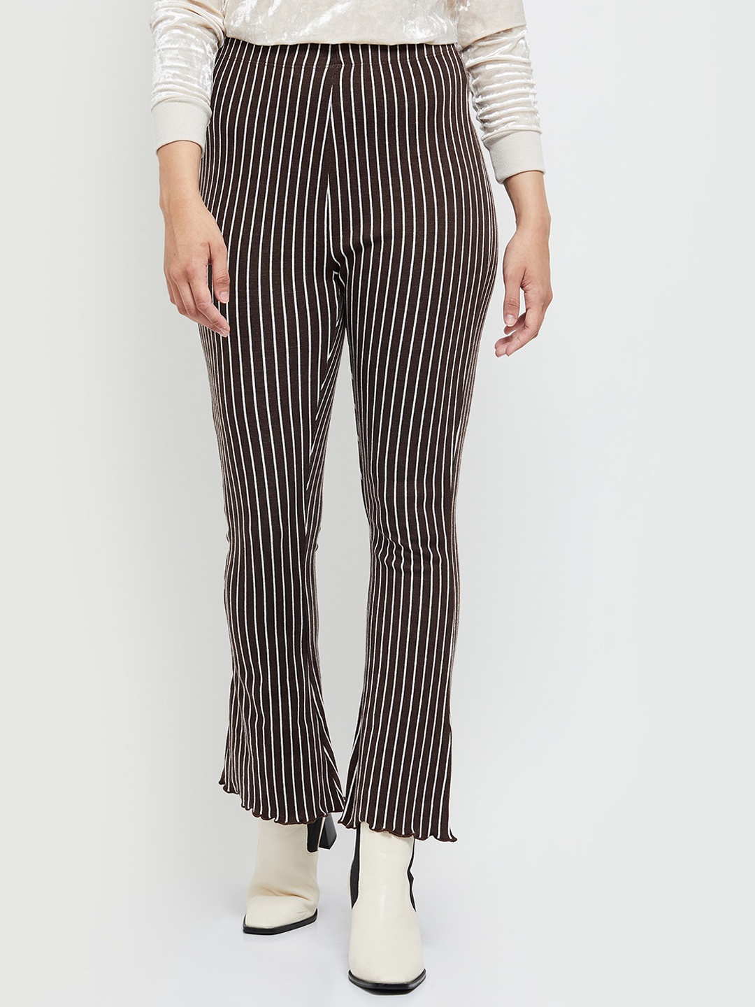 

max Women Striped Trousers, Brown