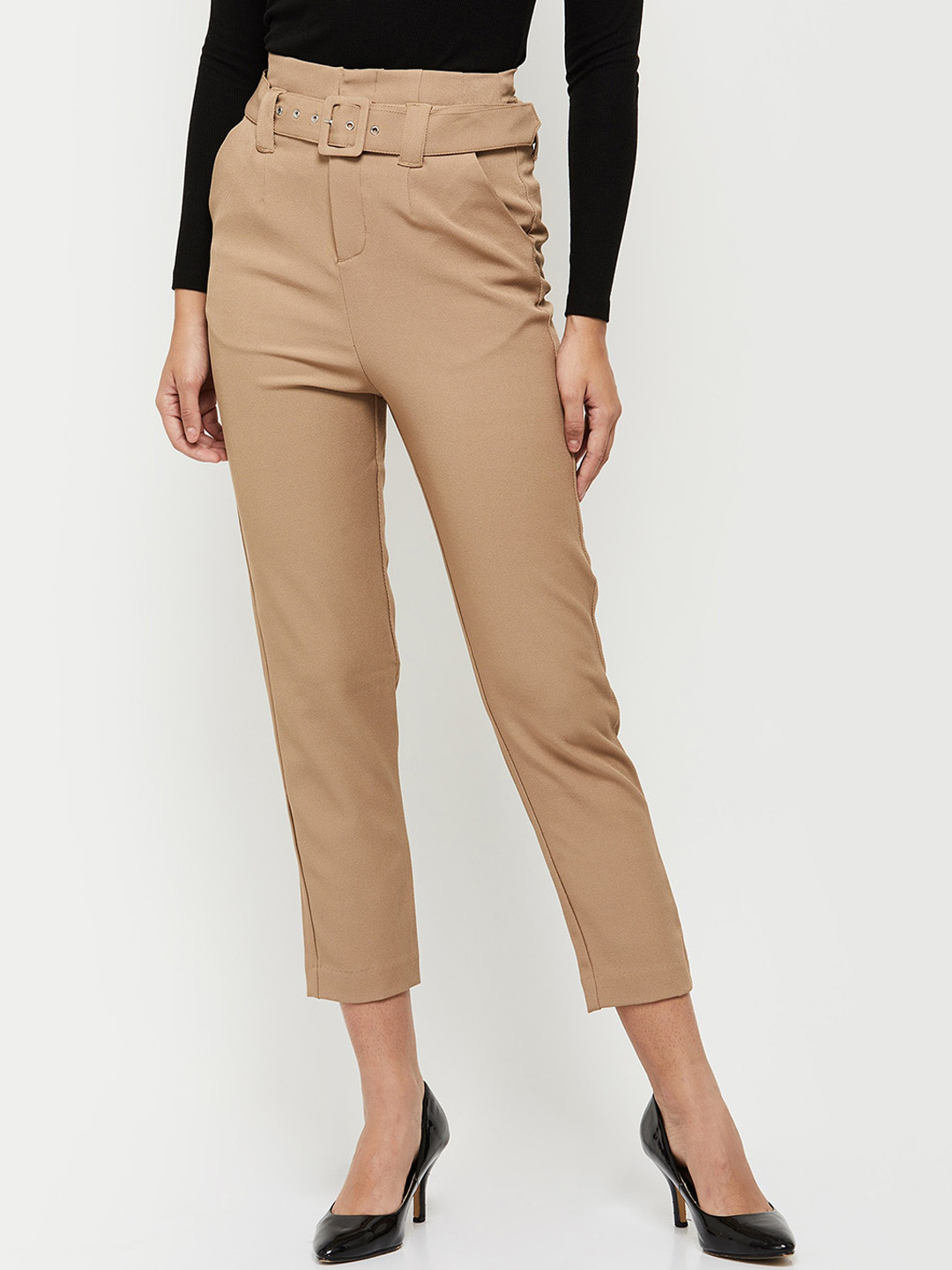 

max Women Solid Cropped Trousers, Beige