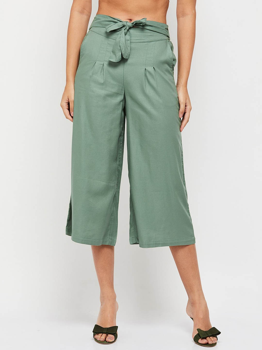 

max Women Solid Pleated Culottes Trousers, Green