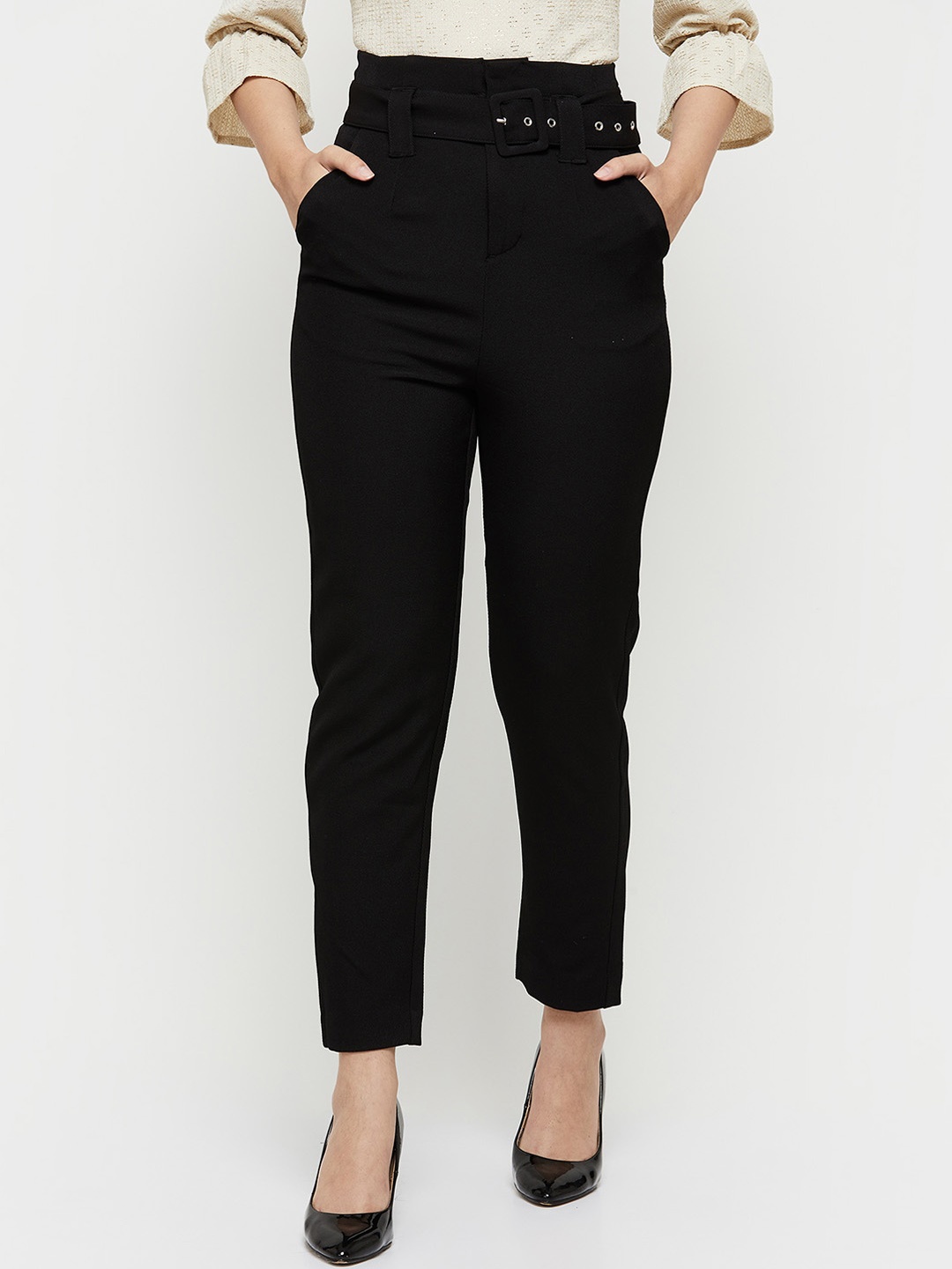 

max Women Solid Cigarette Trousers, Black