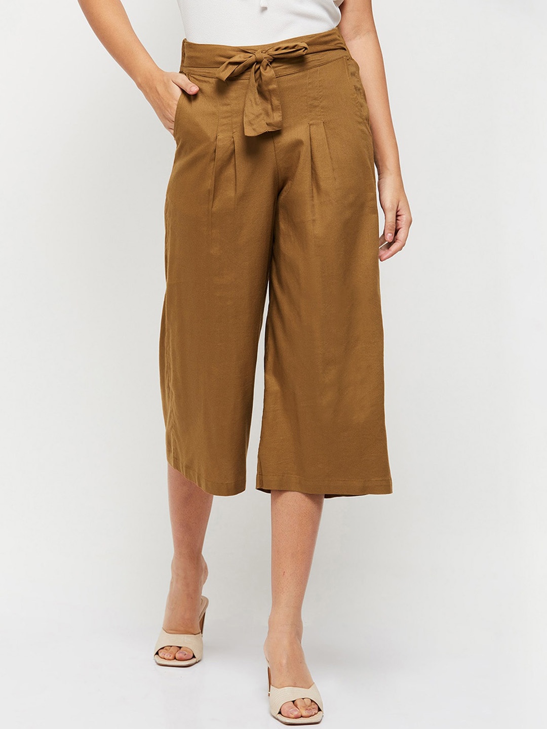

max Women Solid Pleated Culottes Trousers, Tan