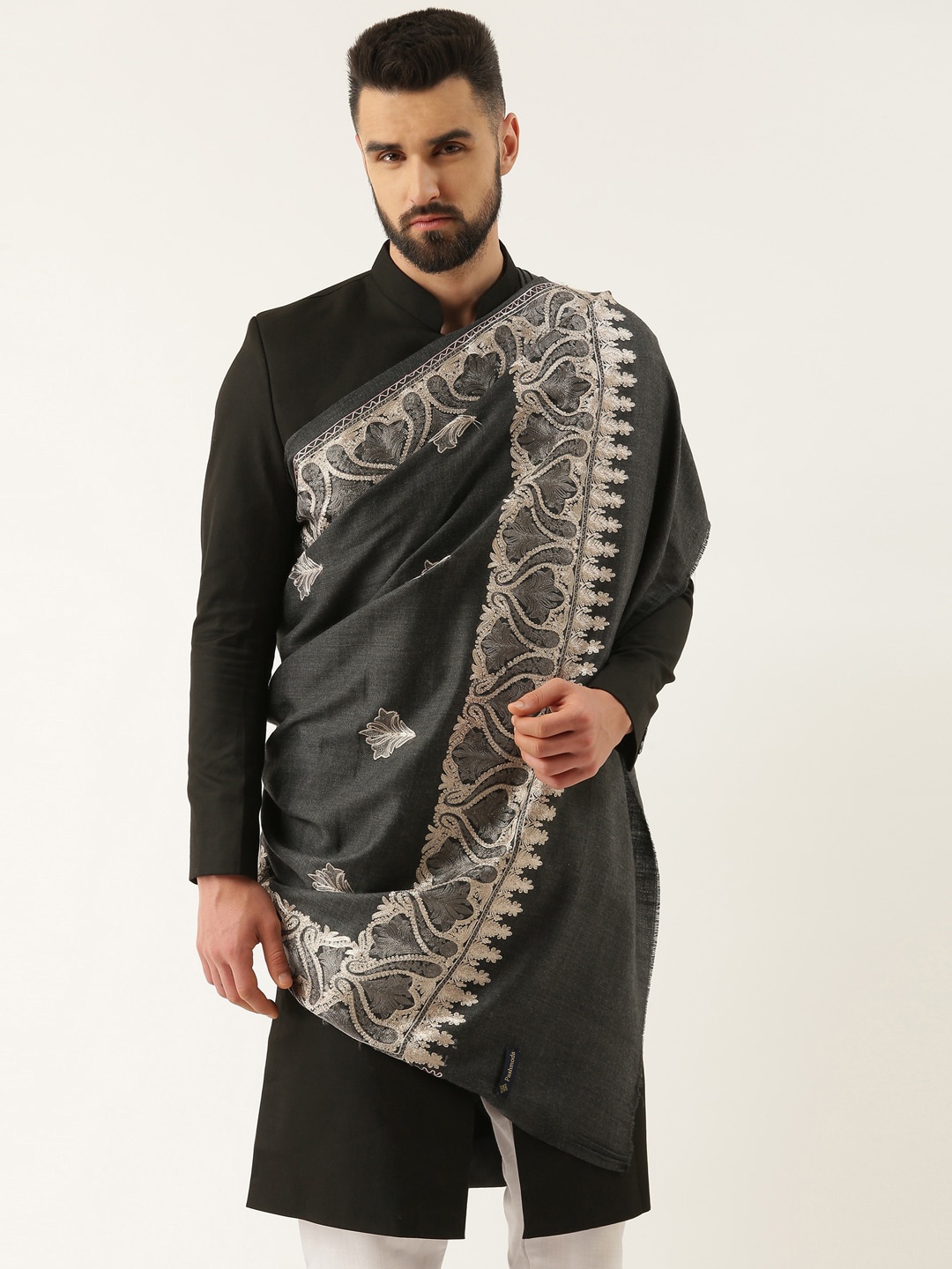 

Pashmoda Men Embroidered Woolen Shawl, Black