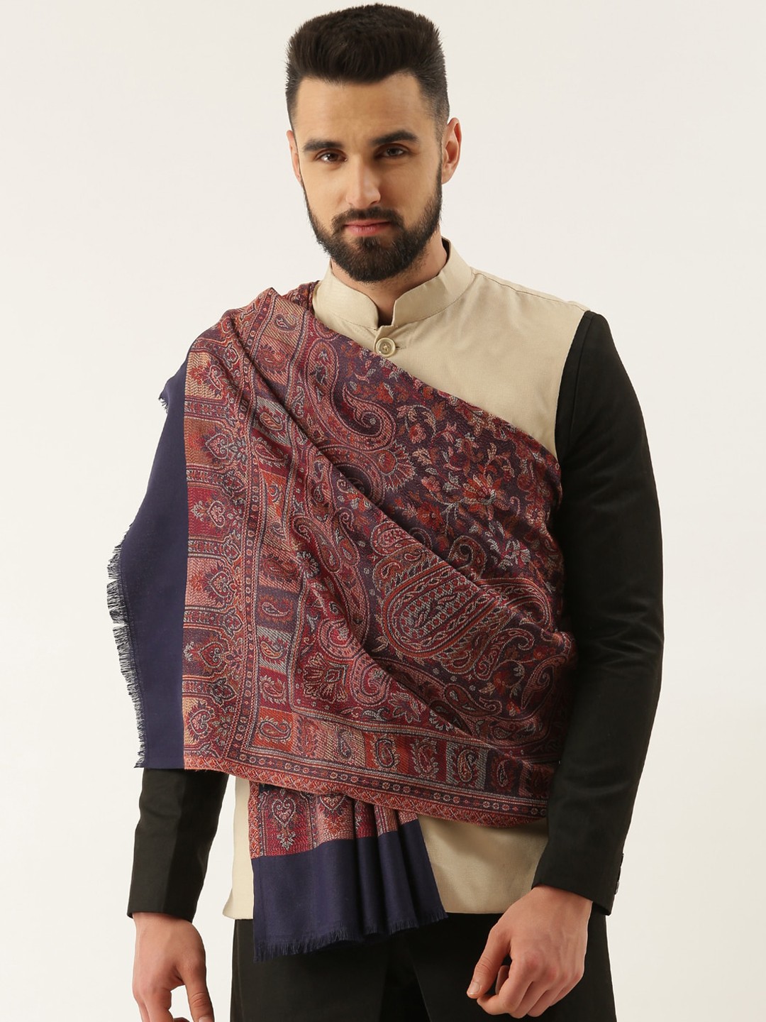 

Pashmoda Men Paisley Woven Design Woolen Shawl, Blue
