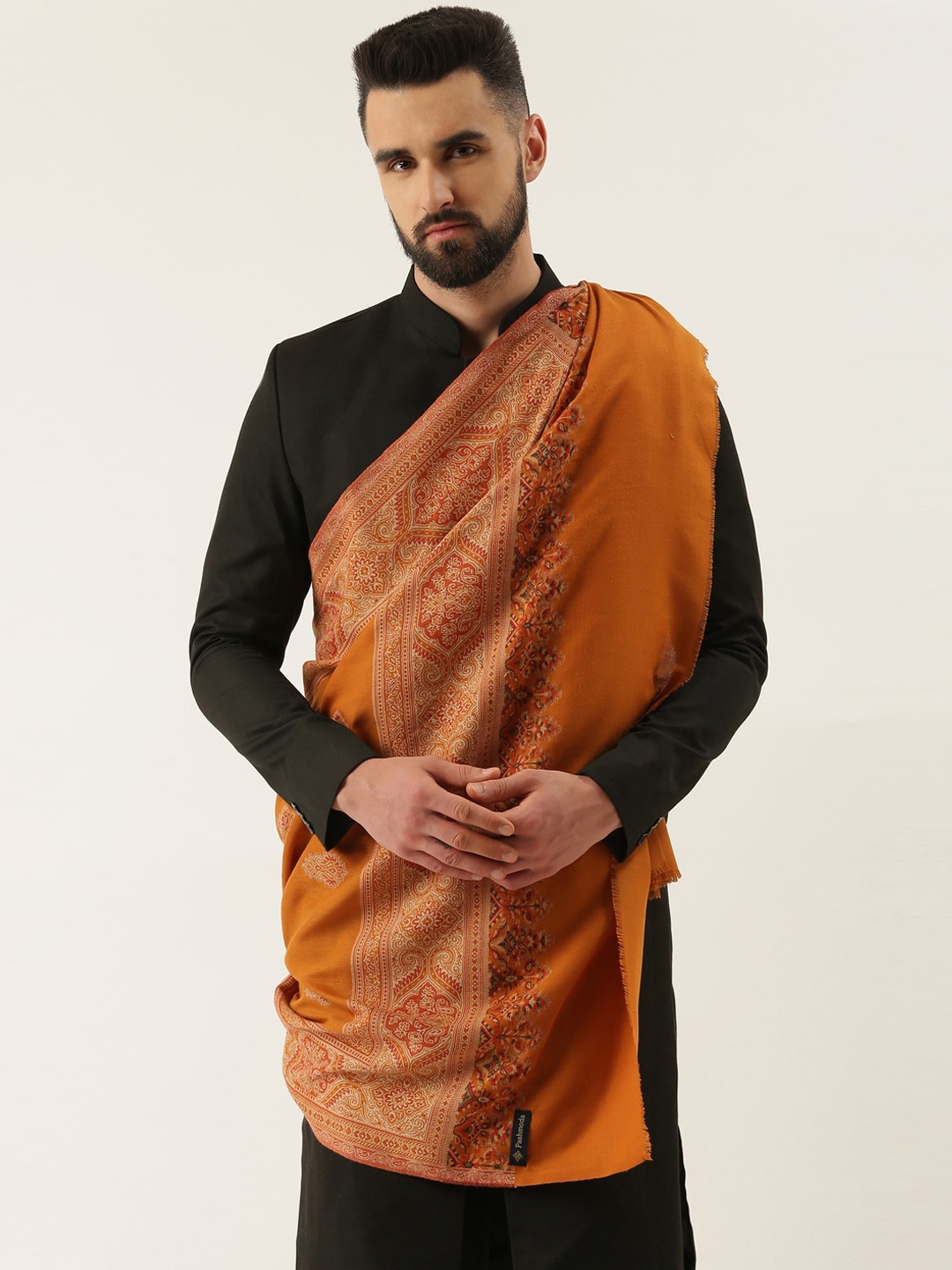 

Pashmoda Men Woven-Design Ethnic Motif Shawl, Mustard