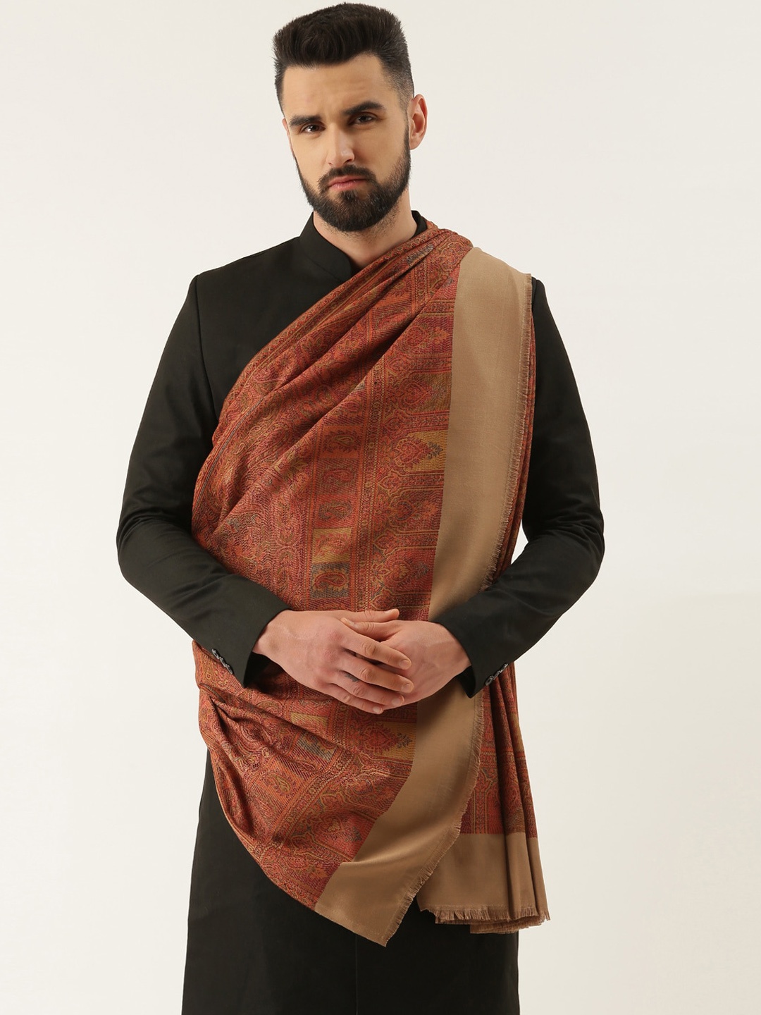 

Pashmoda Men Ethnic Motif Woven-Design Shawl, Beige
