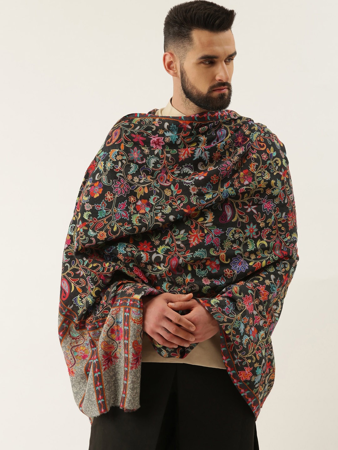 

Pashmoda Men Floral Design Pure Wool Shawl, Black