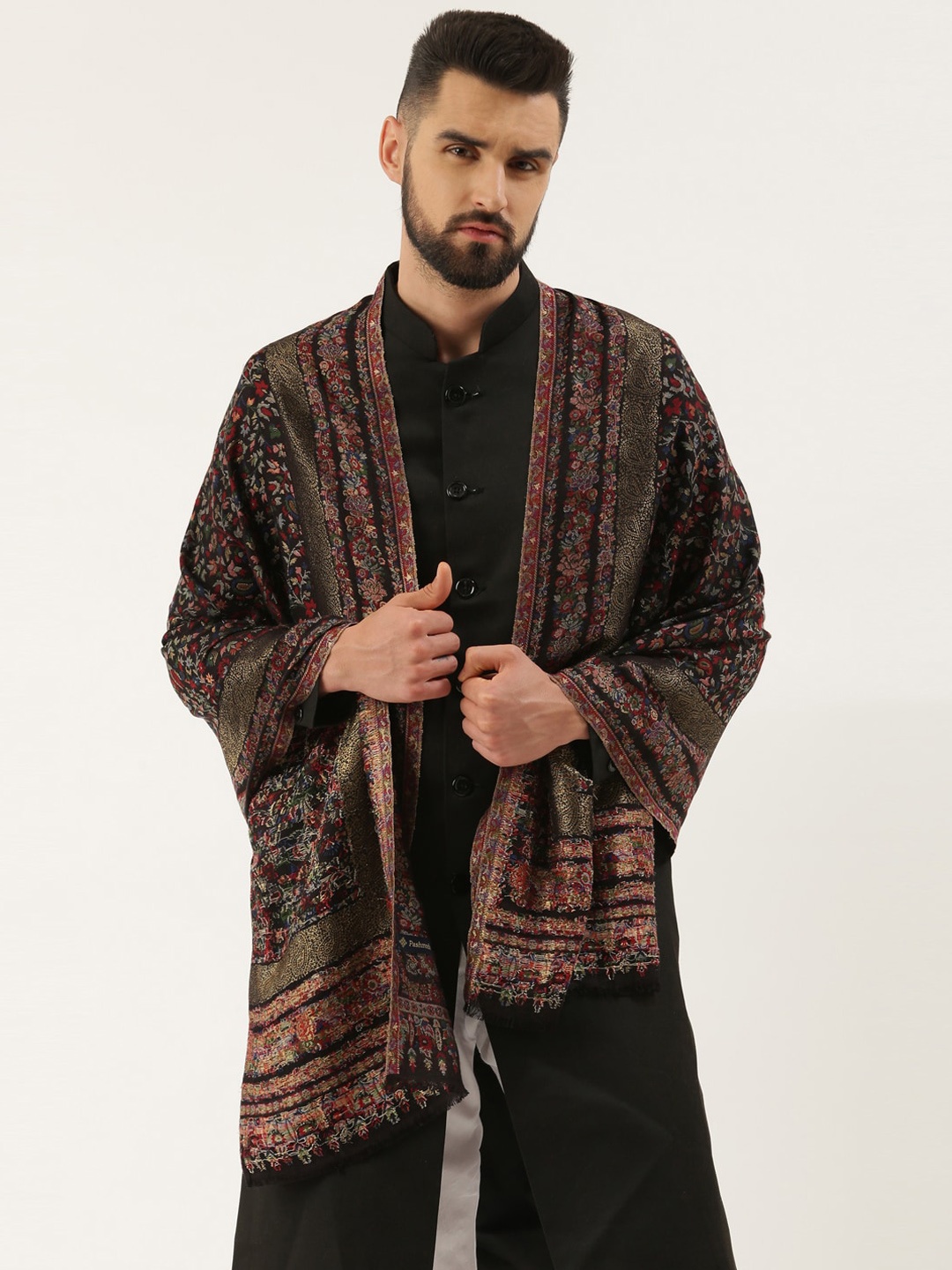 

Pashmoda Men Woven Design Zari Shawl, Black