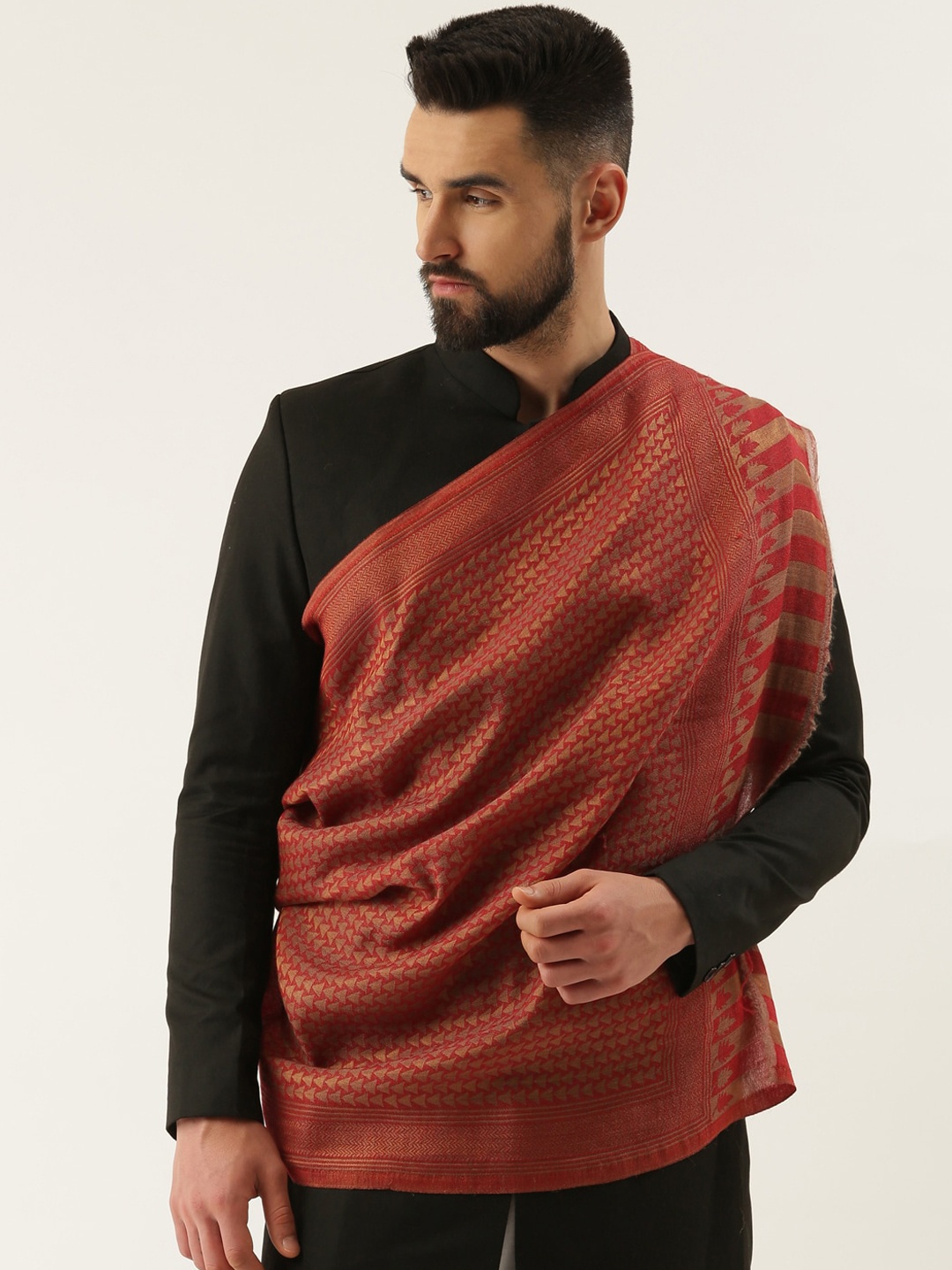 

Pashmoda Men Printed Woven-Design Fine Wool Shawl, Red