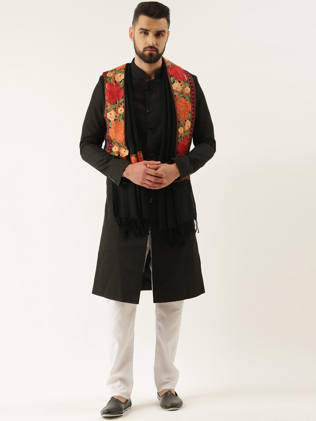 

Pashmoda Men Embroidered Pure Wool Shawl, Black