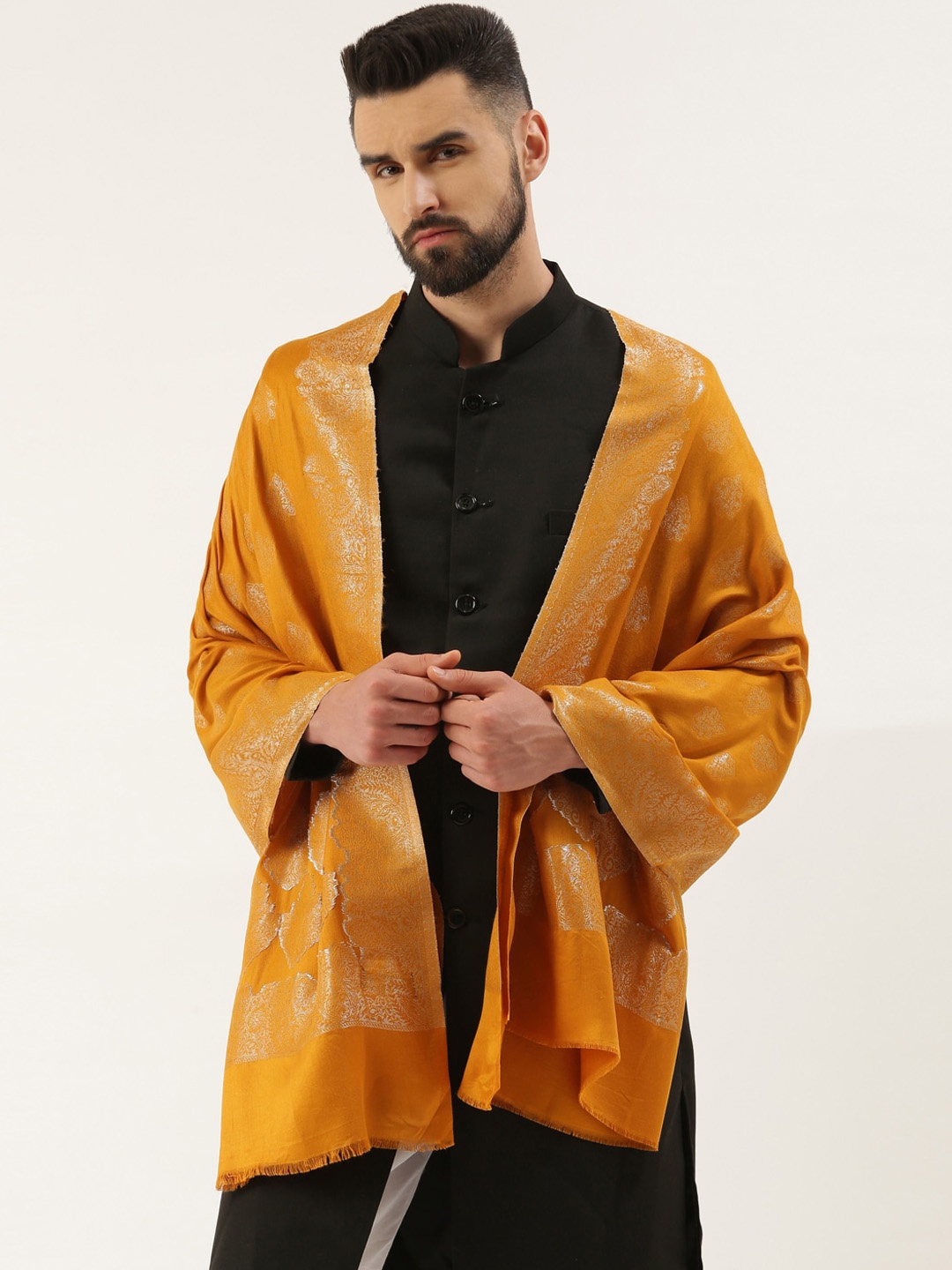 

Pashmoda Men Ethnic Motif Woven Design Woolen Shawl, Mustard