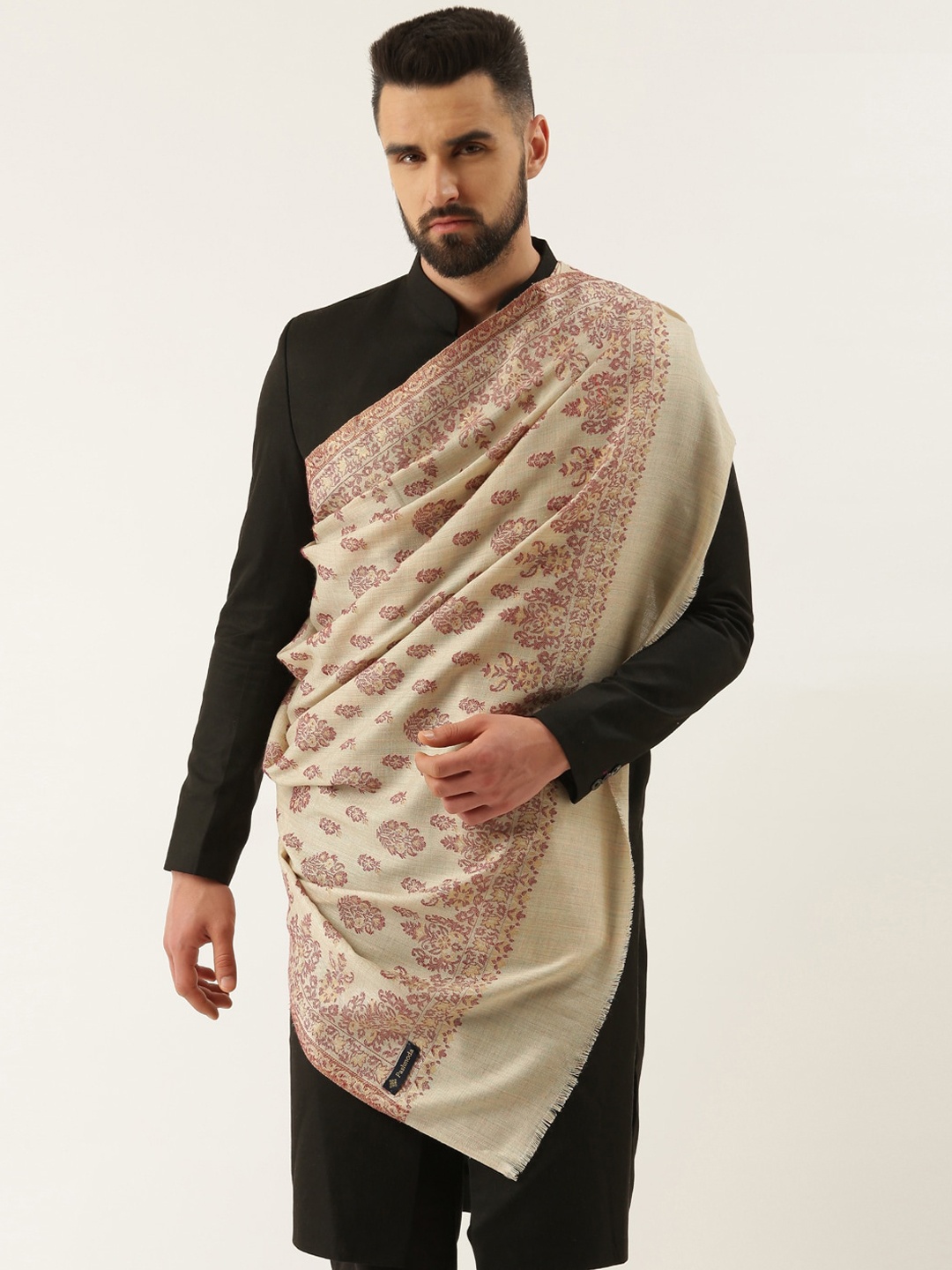 

Pashmoda Men Ethnic Motif Woven Design Woolen Shawl, Beige