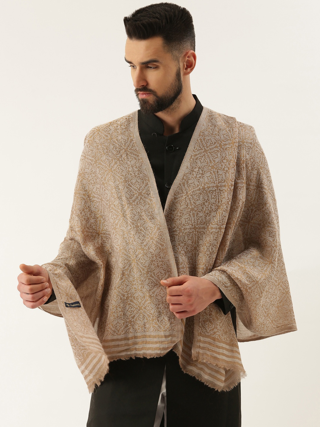 

Pashmoda Men Woven-Design Fine Wool Shawl, Beige