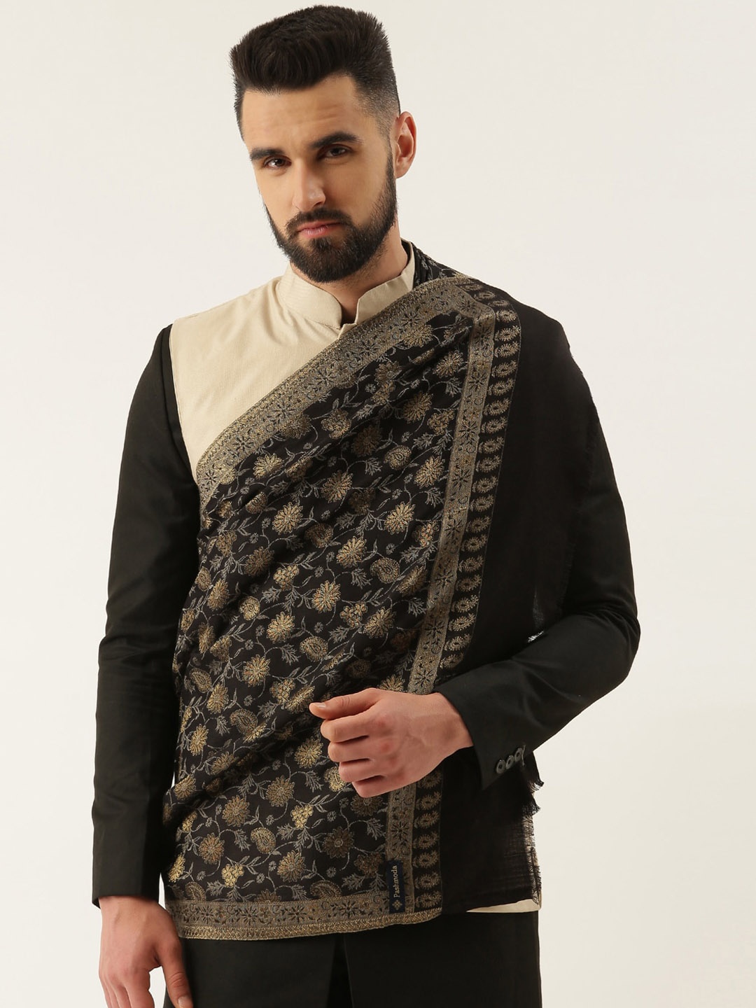 

Pashmoda Men Floral Woven Design Shawl, Black