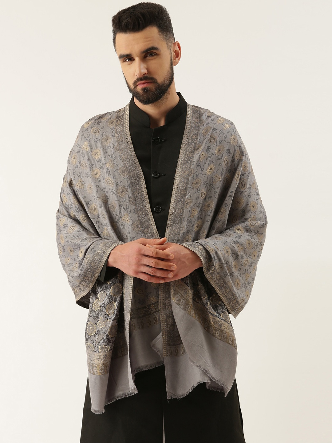 

Pashmoda Men Floral Woven-Design Shawl, Grey