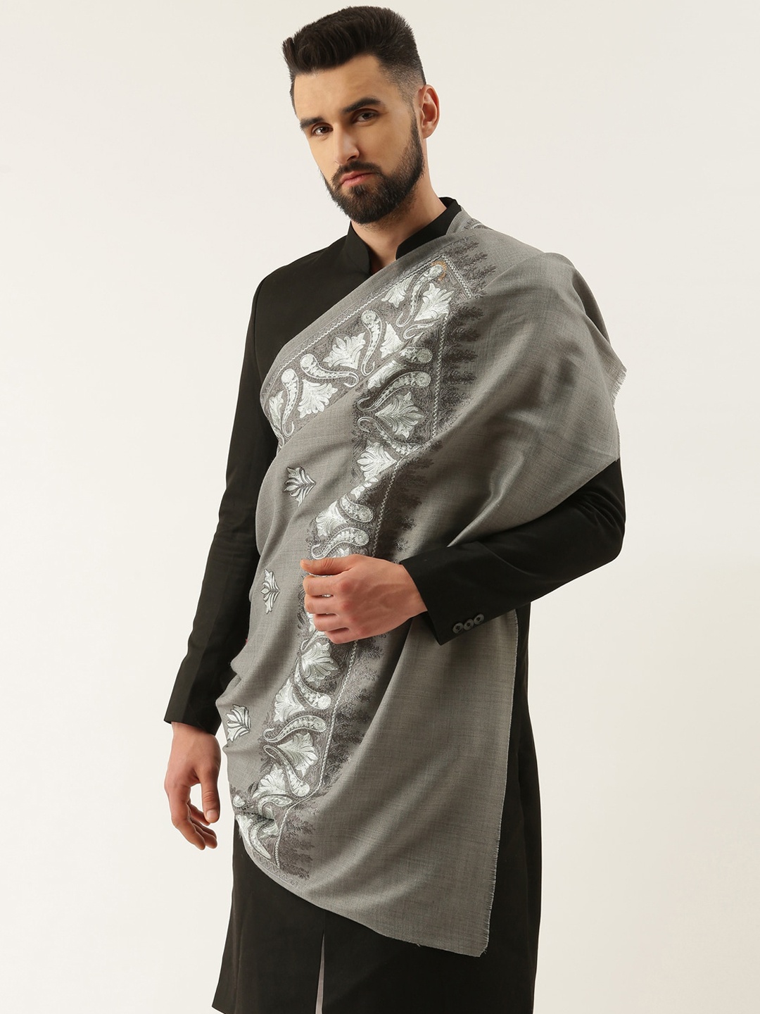 

Pashmoda Men Embroidered Shawl, Grey