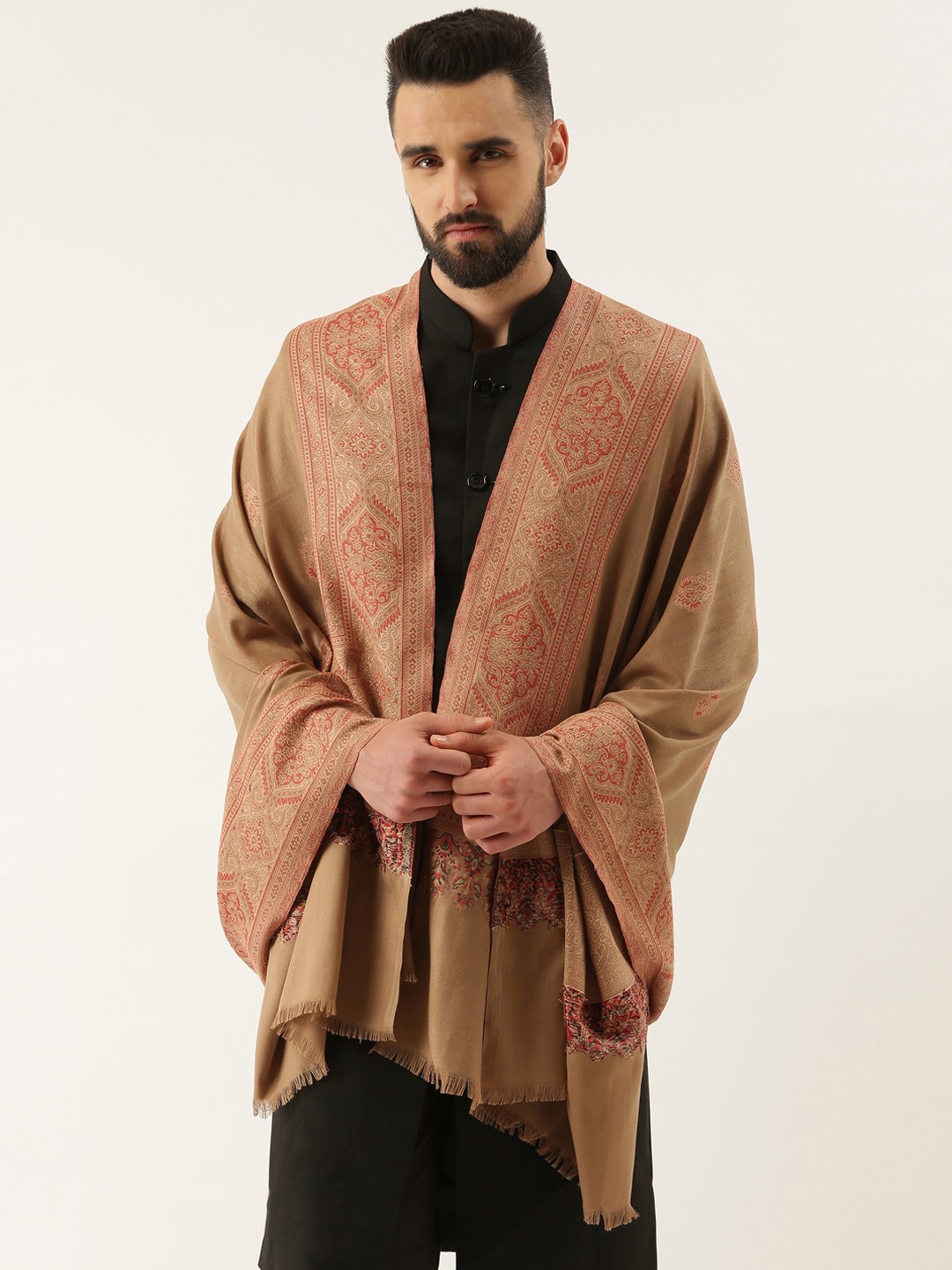 

Pashmoda Men Ethnic Motif Woven-Design Shawl, Beige