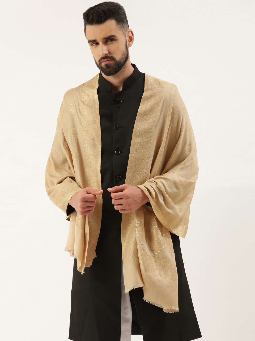 

Pashmoda Men Ethnic Motif Woven-Design Zari Shawl, Beige