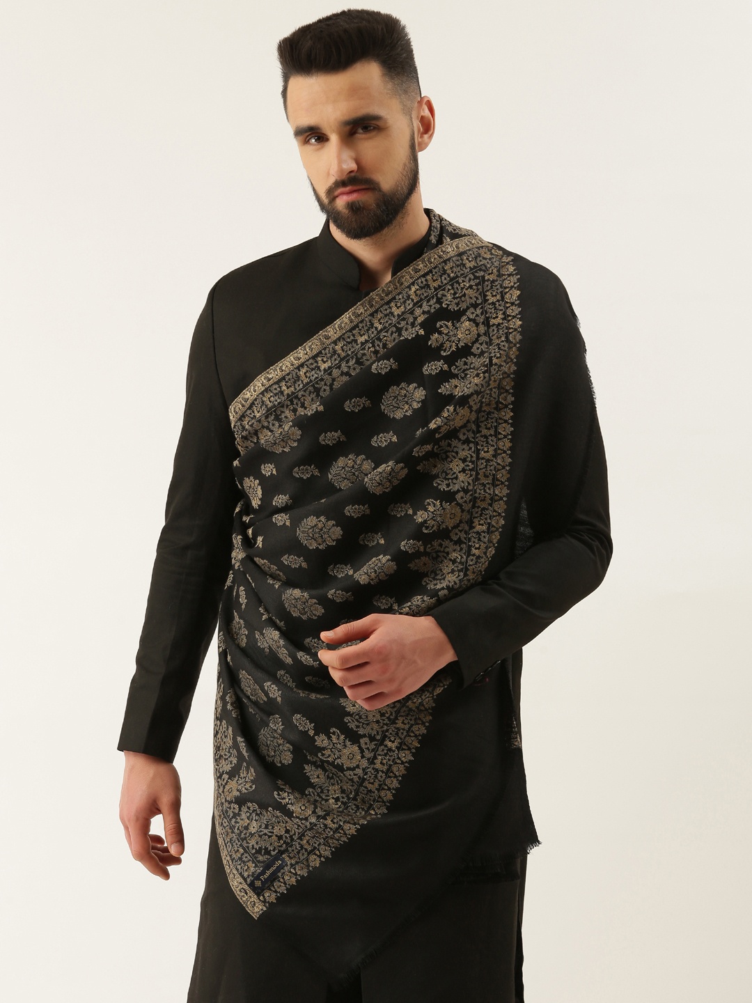 

Pashmoda Men Ethnic Motif Woven Design Shawl, Black