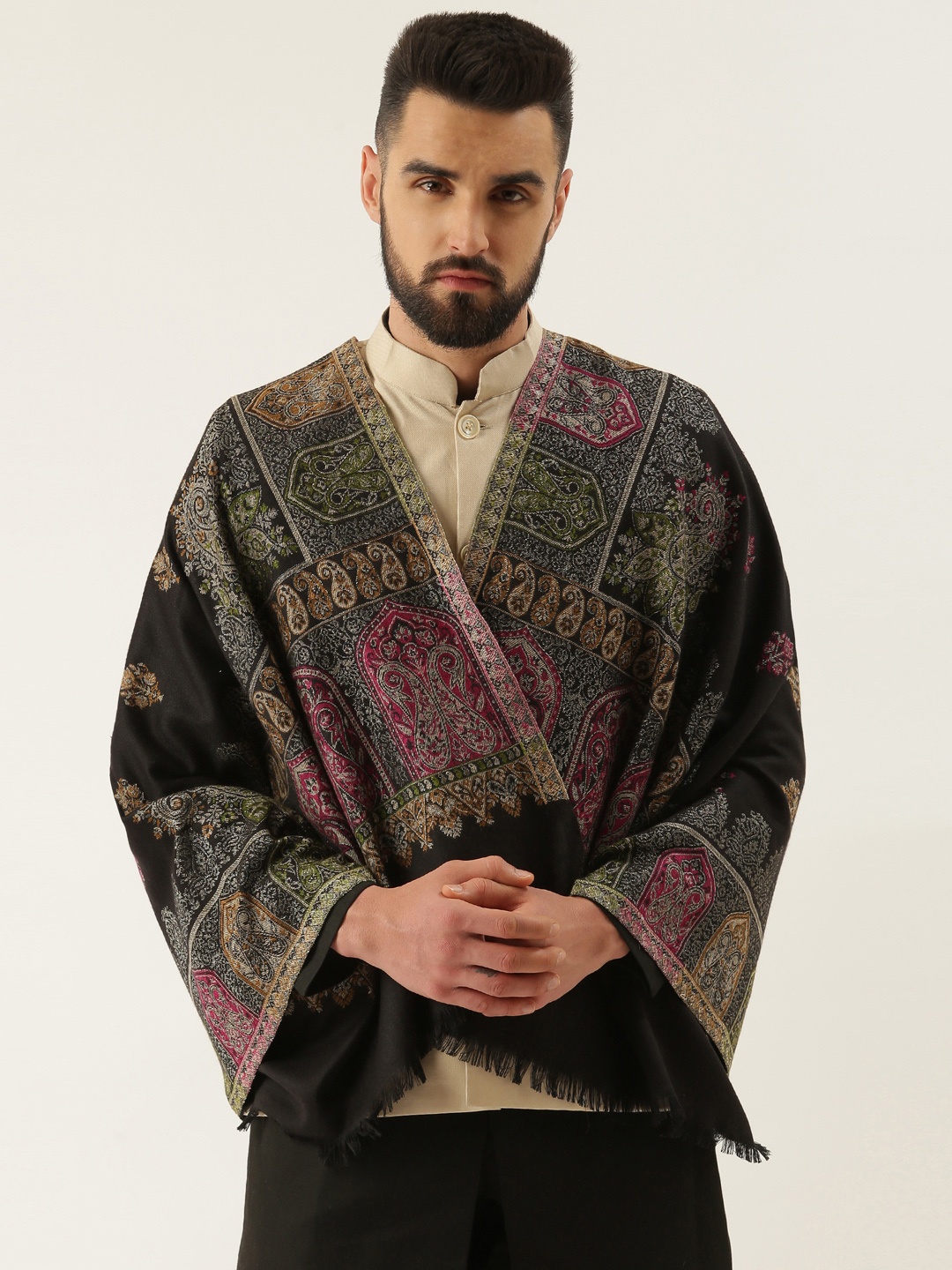 

Pashmoda Men Ethnic Motif Woven Design Shawl, Black