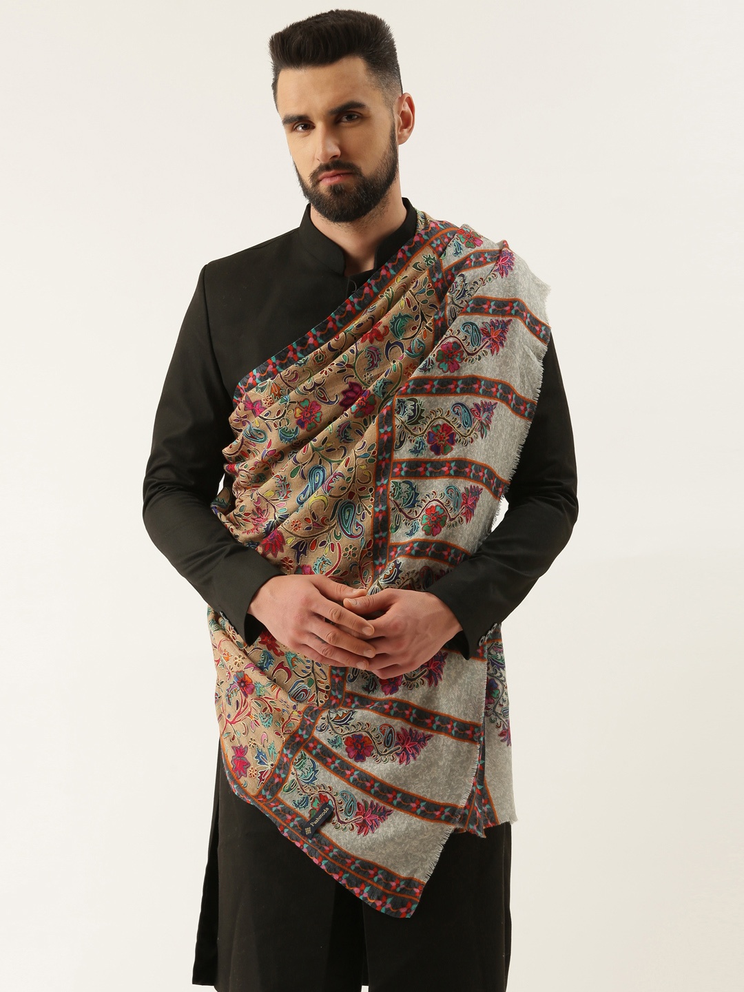 

Pashmoda Men Floral Embroidered Wool Shawl, Beige