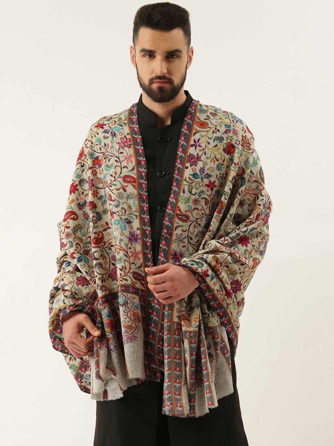 

Pashmoda Men Floral Embroidered Pure Woolen Shawl, White