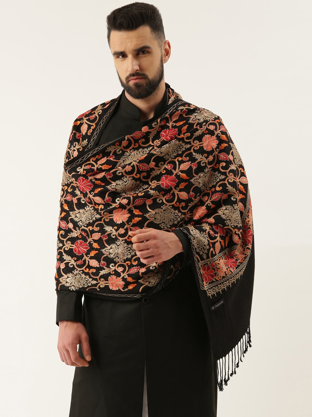 

Pashmoda Men Floral Embroidered Shawl, Black