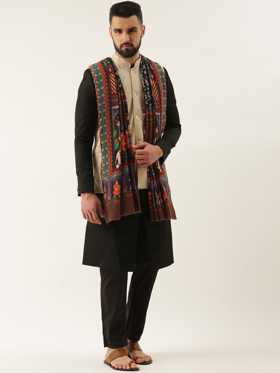 

Pashmoda Men Ethnic Motif Woven-Design Pure Wool Shawl, Black