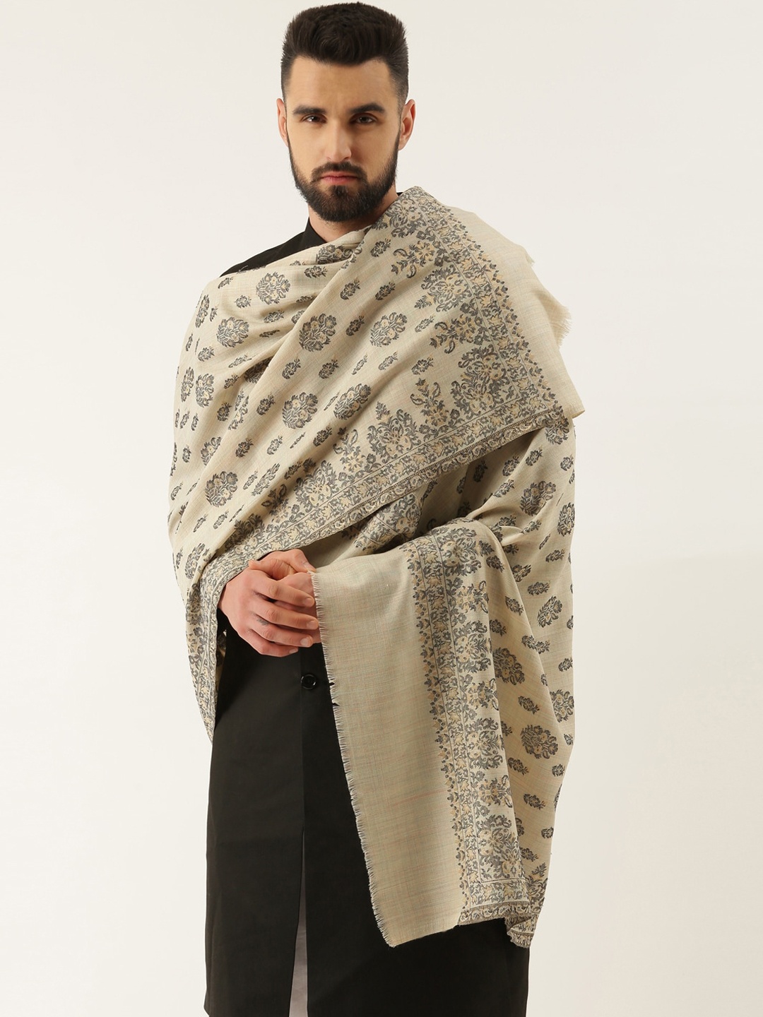 

Pashmoda Men Woven-Design Shawl, Grey