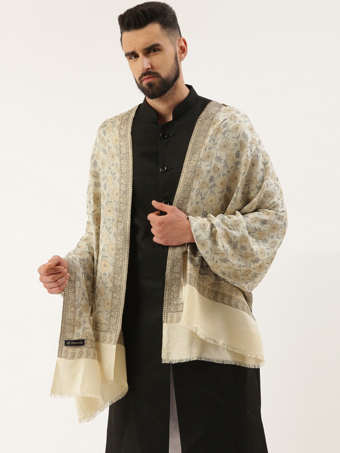 

Pashmoda Men Floral Woven Design Shawl, White