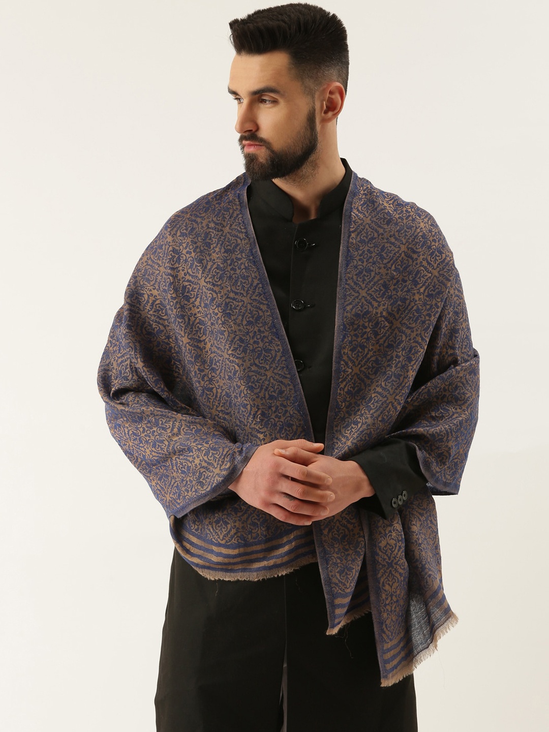 

Pashmoda Men Ethnic Motif Woven Design Shawl, Blue