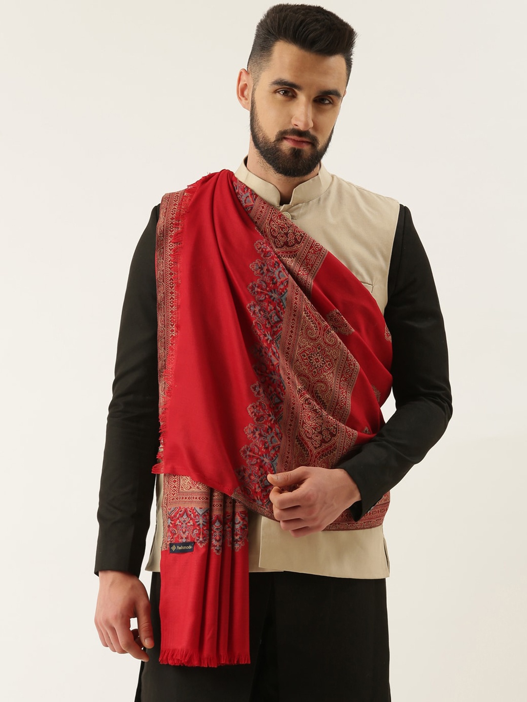 

Pashmoda Men Ethnic Motif Woven Design Shawl, Maroon