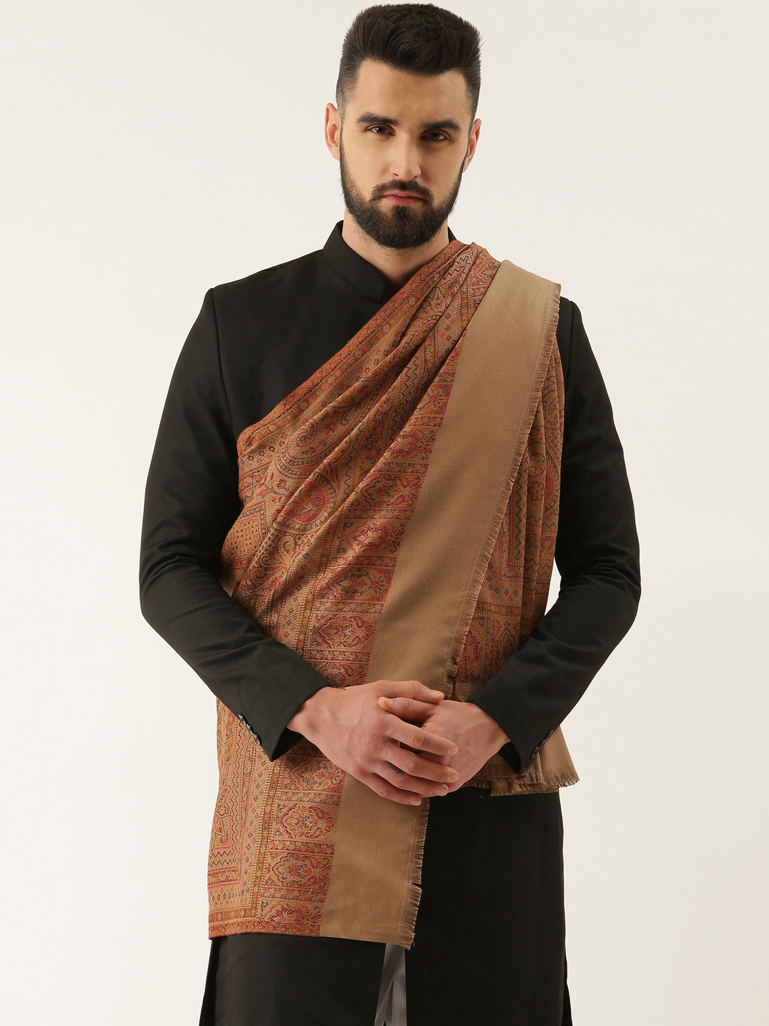 

Pashmoda Men Woven-Design Shawl, Beige
