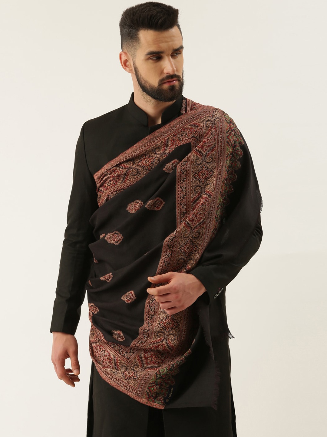 

Pashmoda Men Ethnic Motif Woven Design Shawl, Black