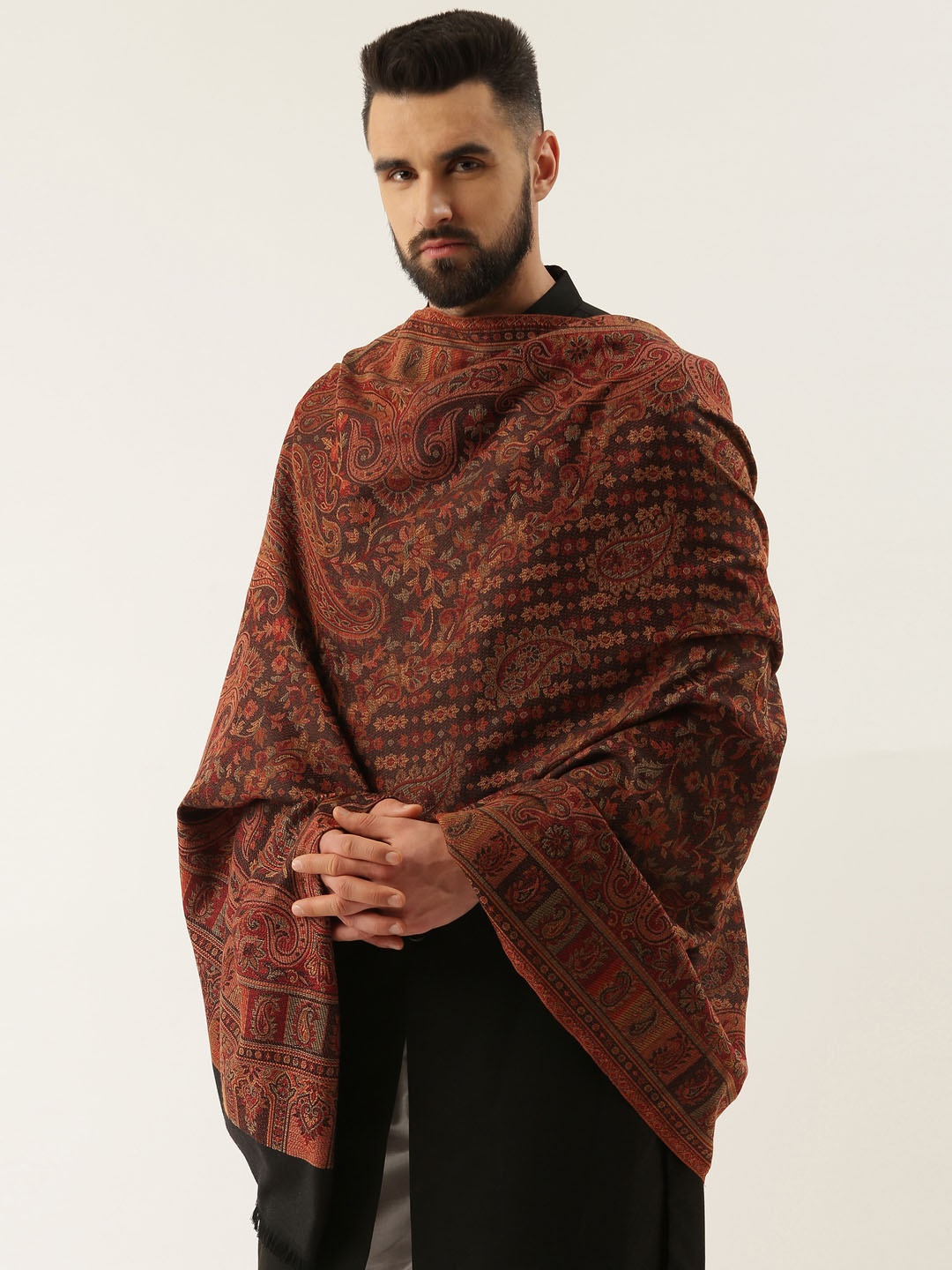 

Pashmoda Men Printed Woven-Design Shawl, Black