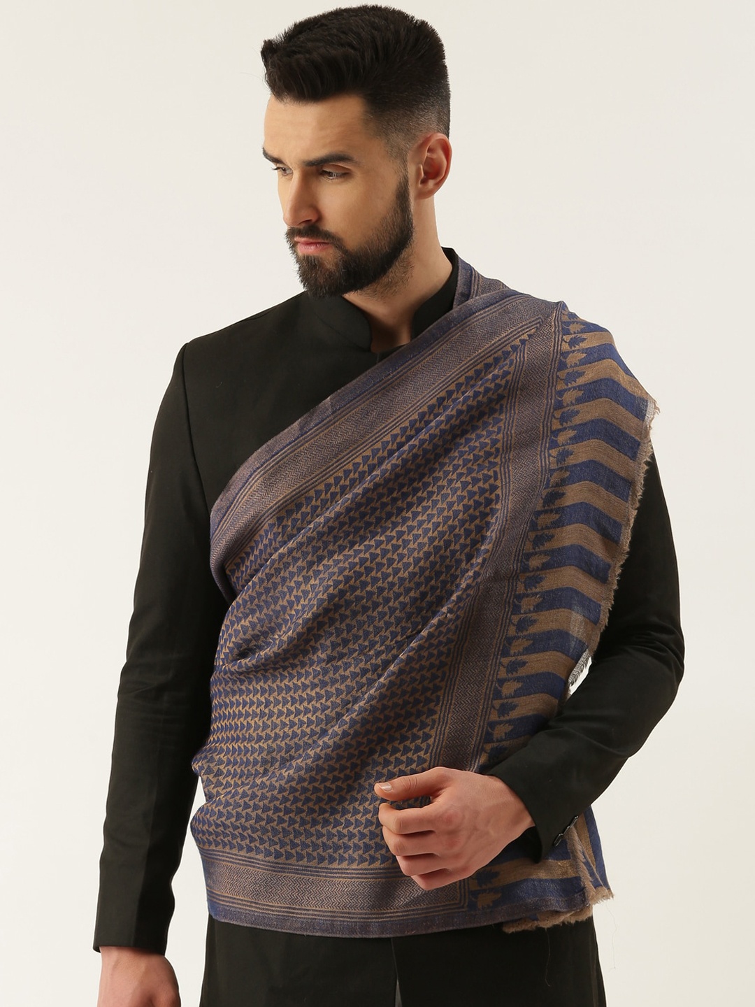 

Pashmoda Men Woven-Design Fine Wool Shawl, Blue