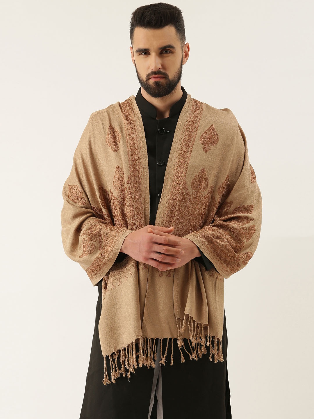 

Pashmoda Men Ethnic Motif Embroidered Shawl, Beige