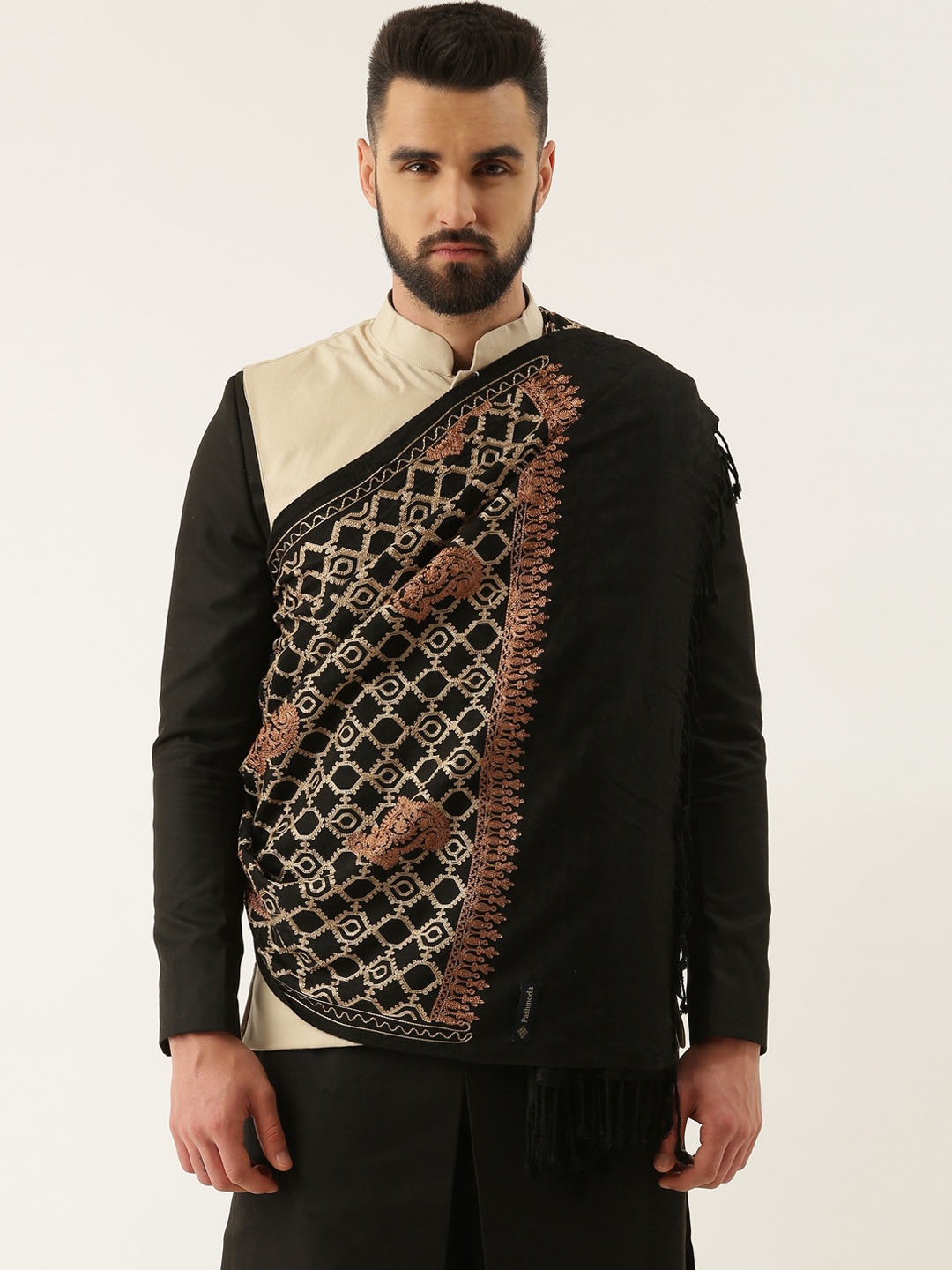 

Pashmoda Men Embroidered Work Shawl, Black