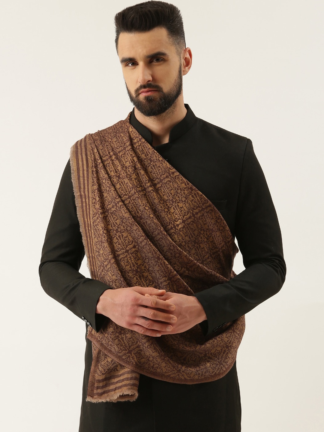 

Pashmoda Men Ethnic Motif Woven Design Fine Woolen Shawl, Brown