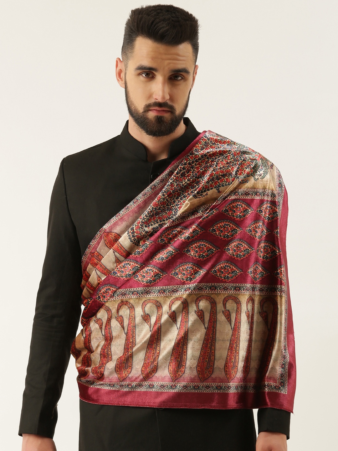 Pashmoda Men Paisley Printed Velvet Shawl, Maroon