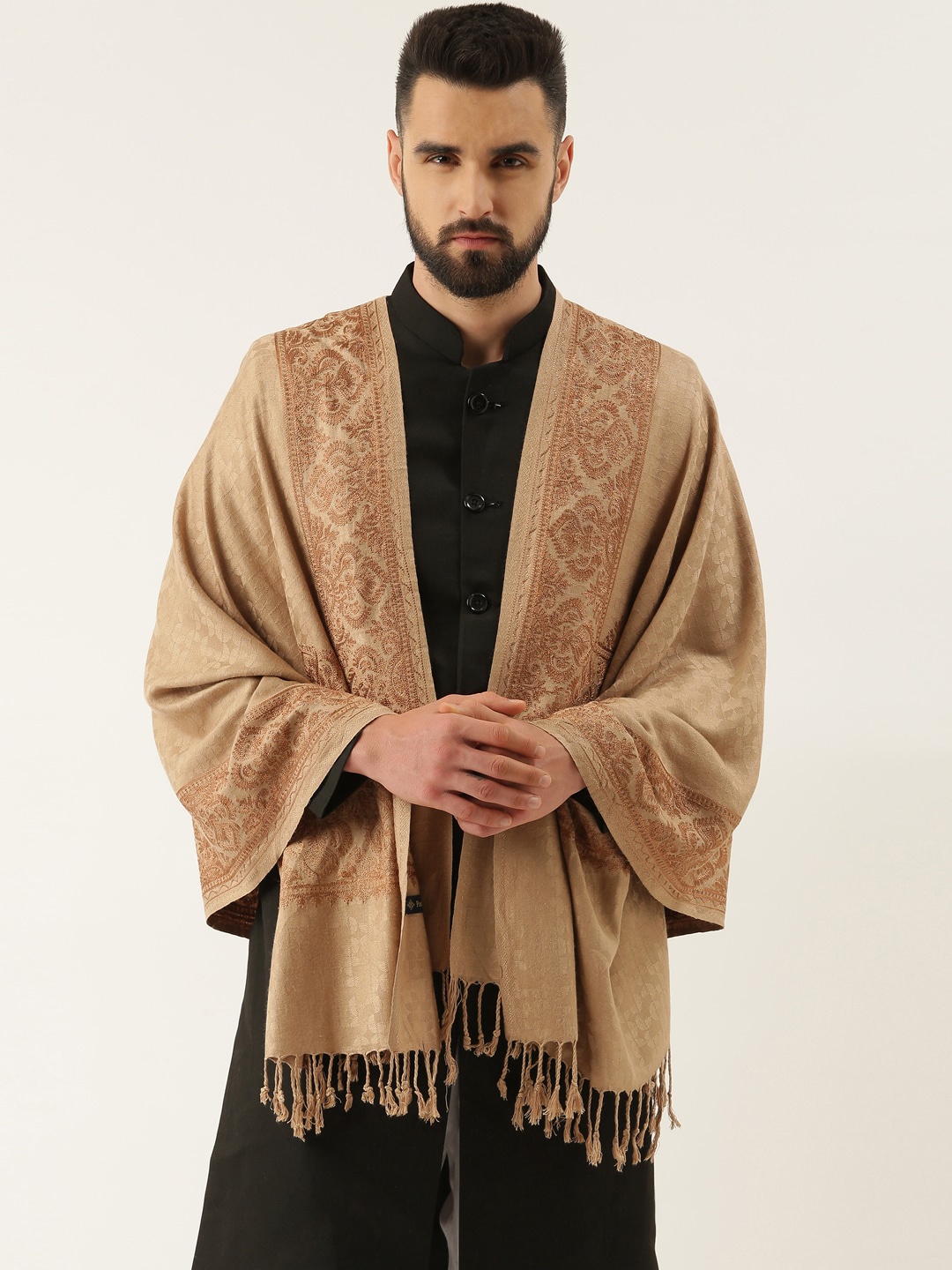 

Pashmoda Men Ethnic Motif Embroidered Shawl, Beige