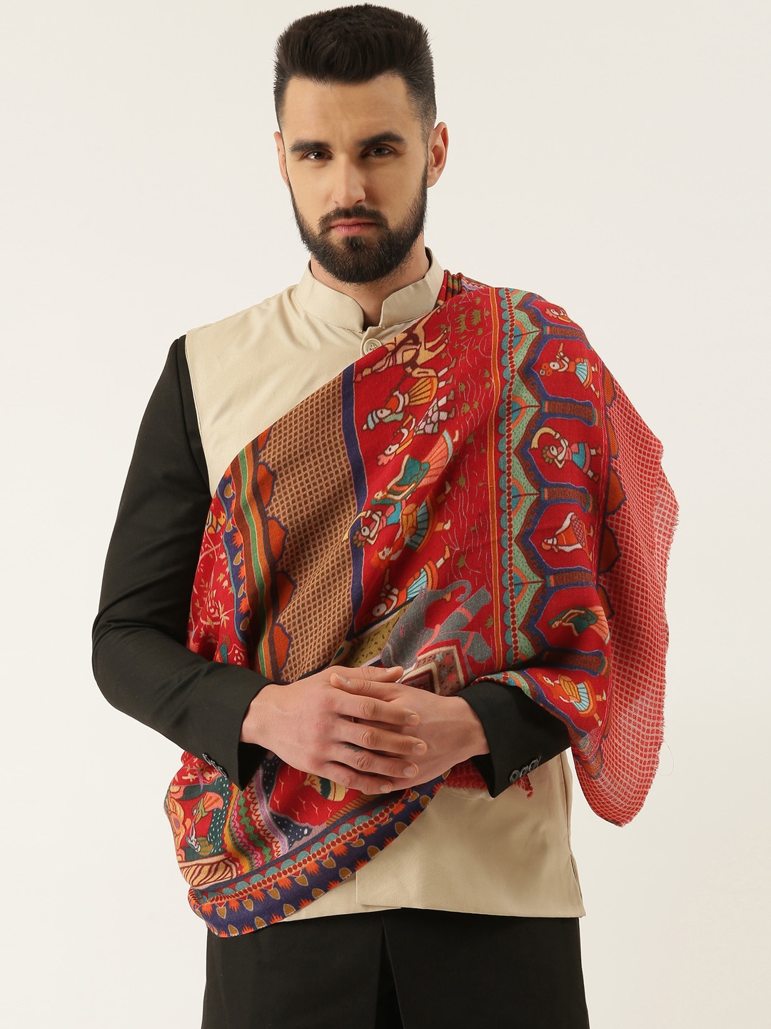

Pashmoda Men Ethnic Motif Printed Pure-Wool Shawl, Maroon