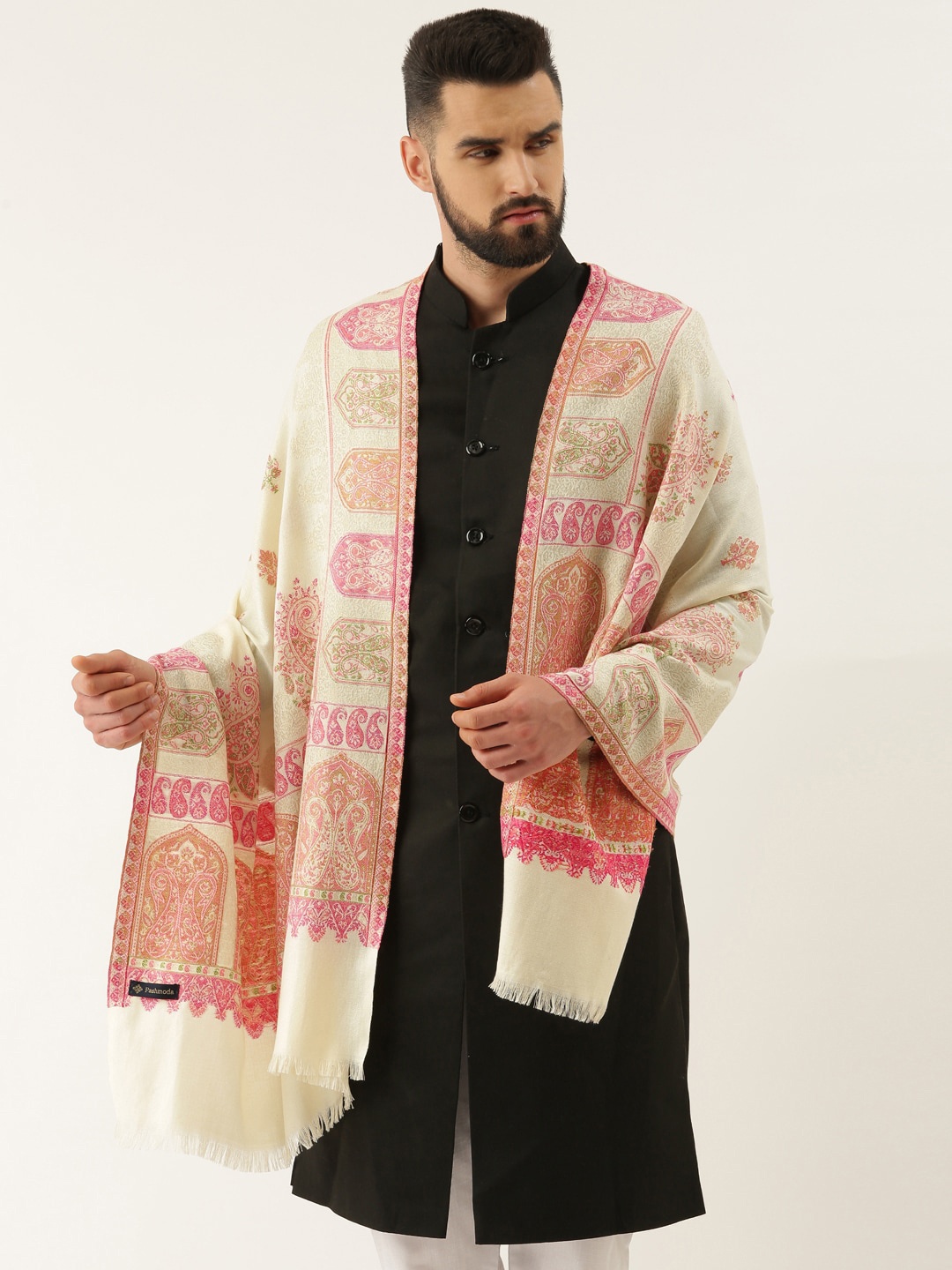 

Pashmoda Men Ethnic Motif Woven Design Shawl, White