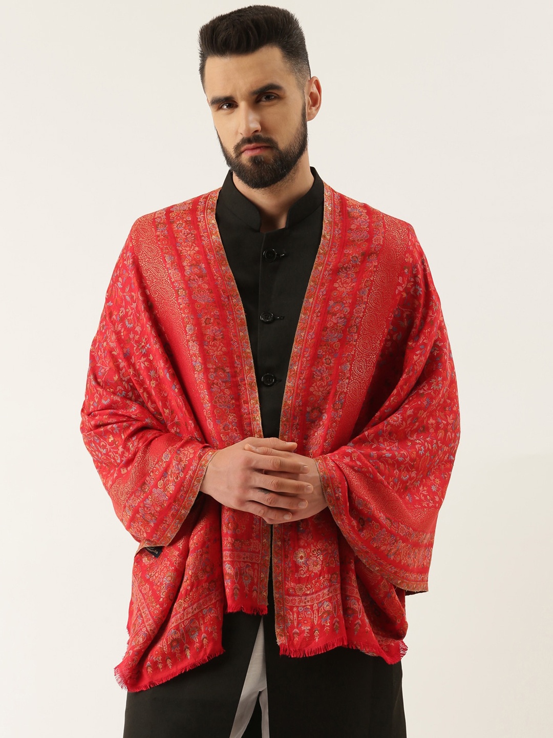 

Pashmoda Men Floral Woven-Design Shawl, Red