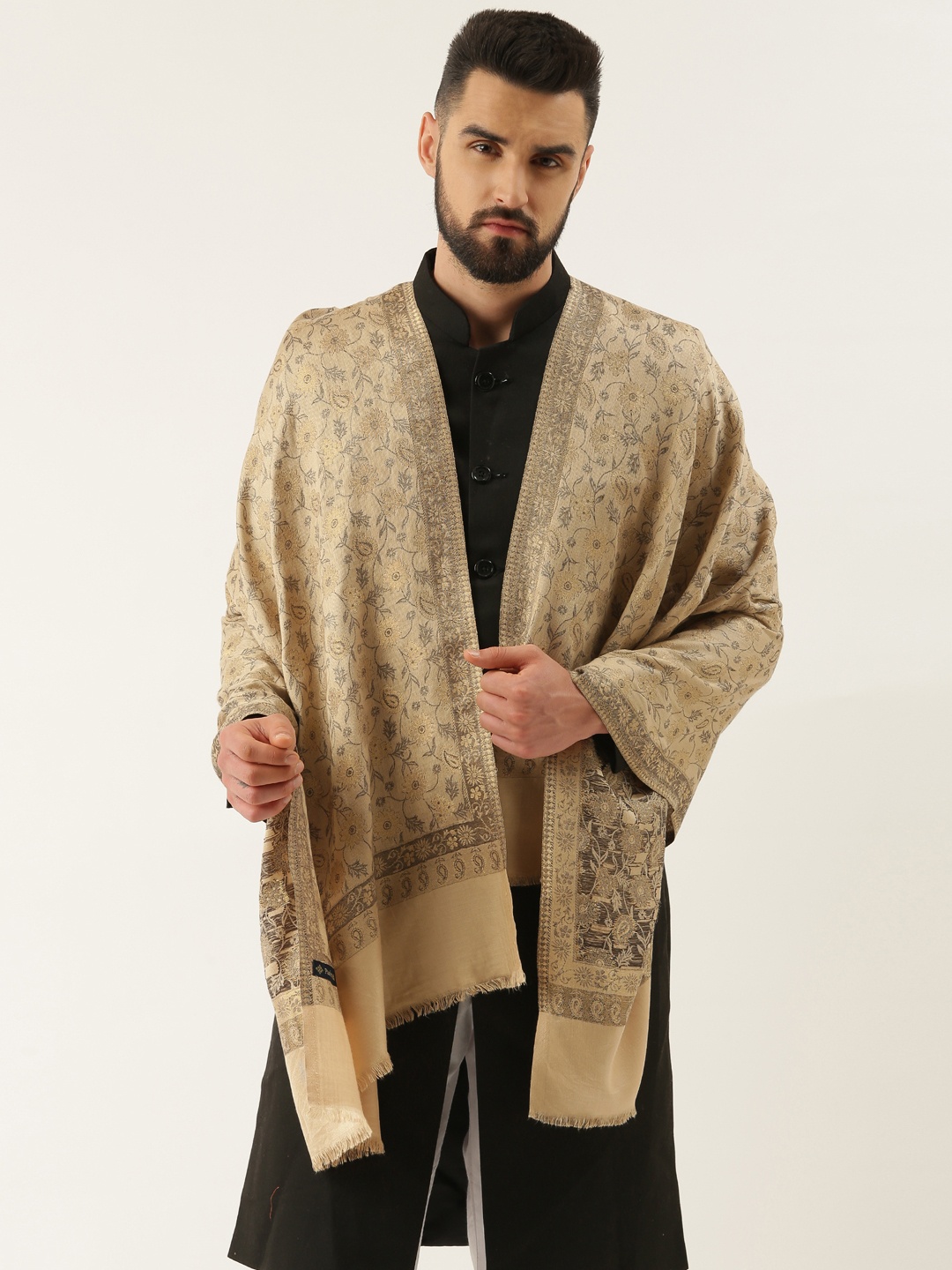 Pashmoda Floral Woven-Design Pure Wool Shawl, Beige