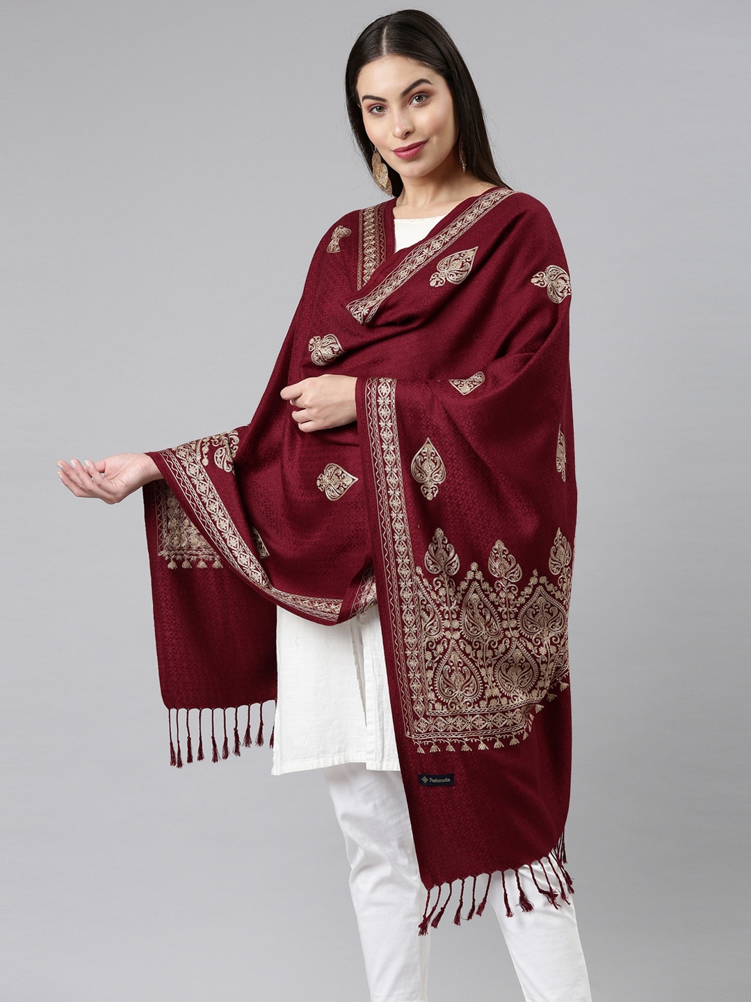 

Pashmoda Men Fine Wool Embroidered Shawl, Maroon