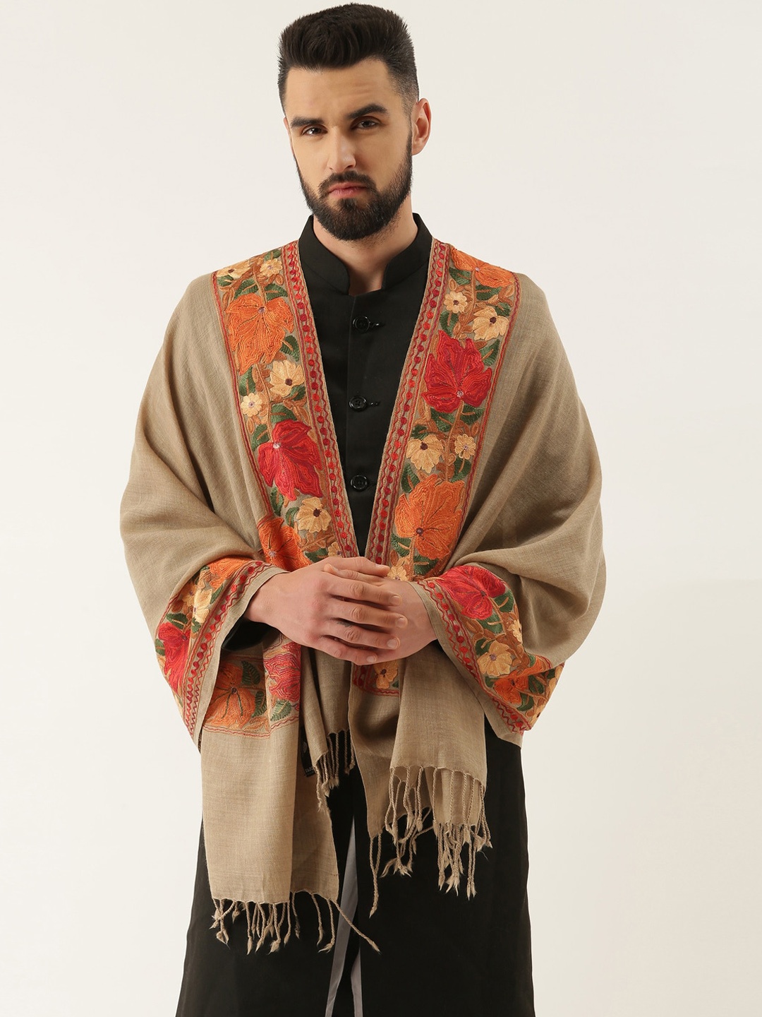

Pashmoda Men Floral Embroidered Pure Wool Wool Shawl, Beige