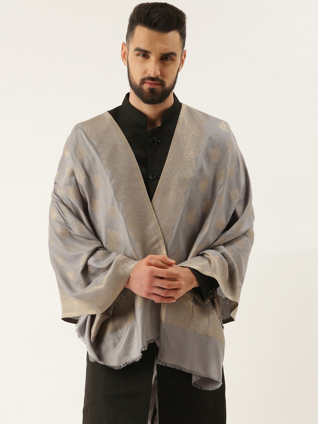 

Pashmoda Men Ethnic Motif Woven Design Shawl, Grey