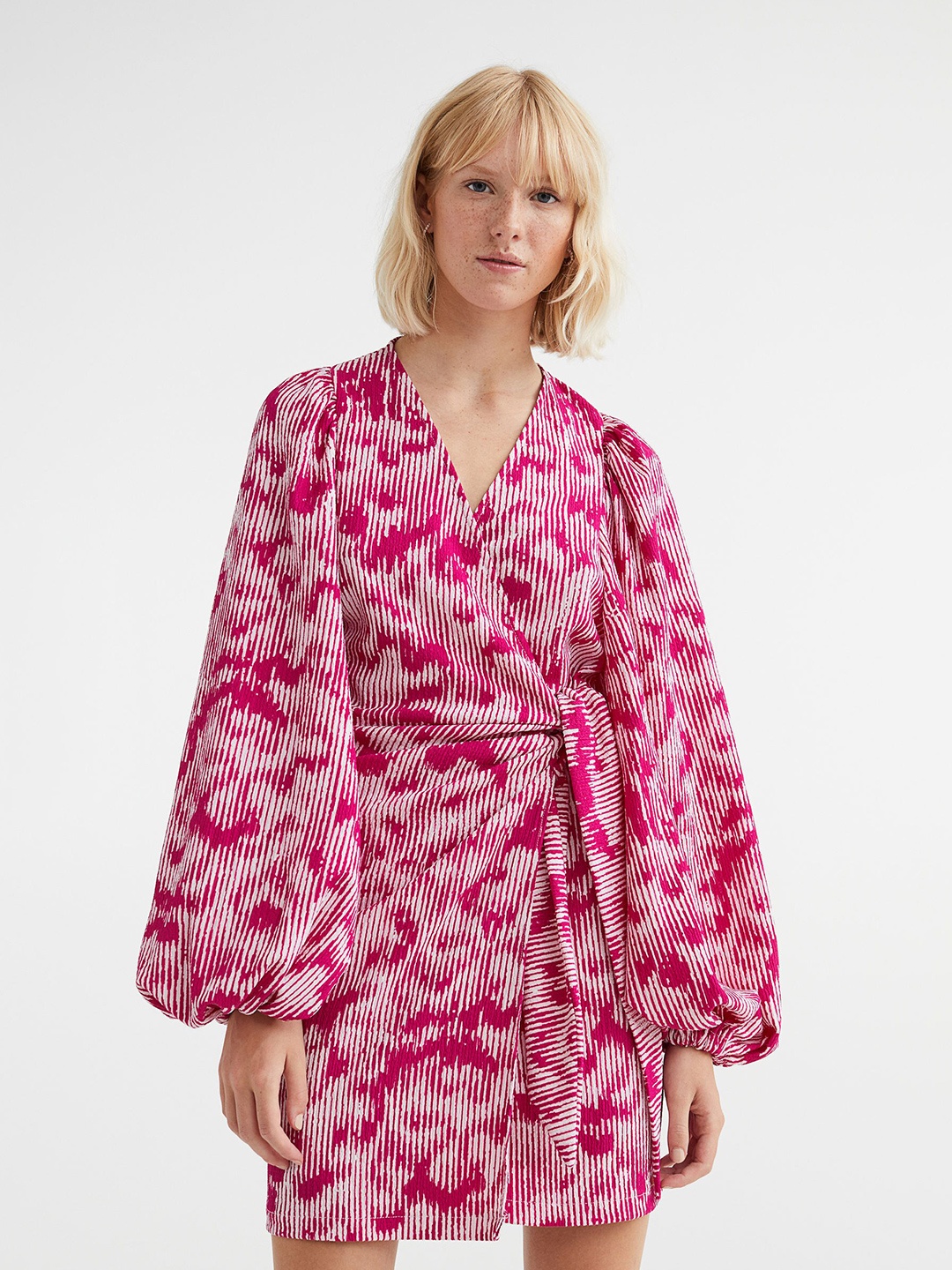 

H&M Women Balloon-Sleeved Wrap Dress, Pink