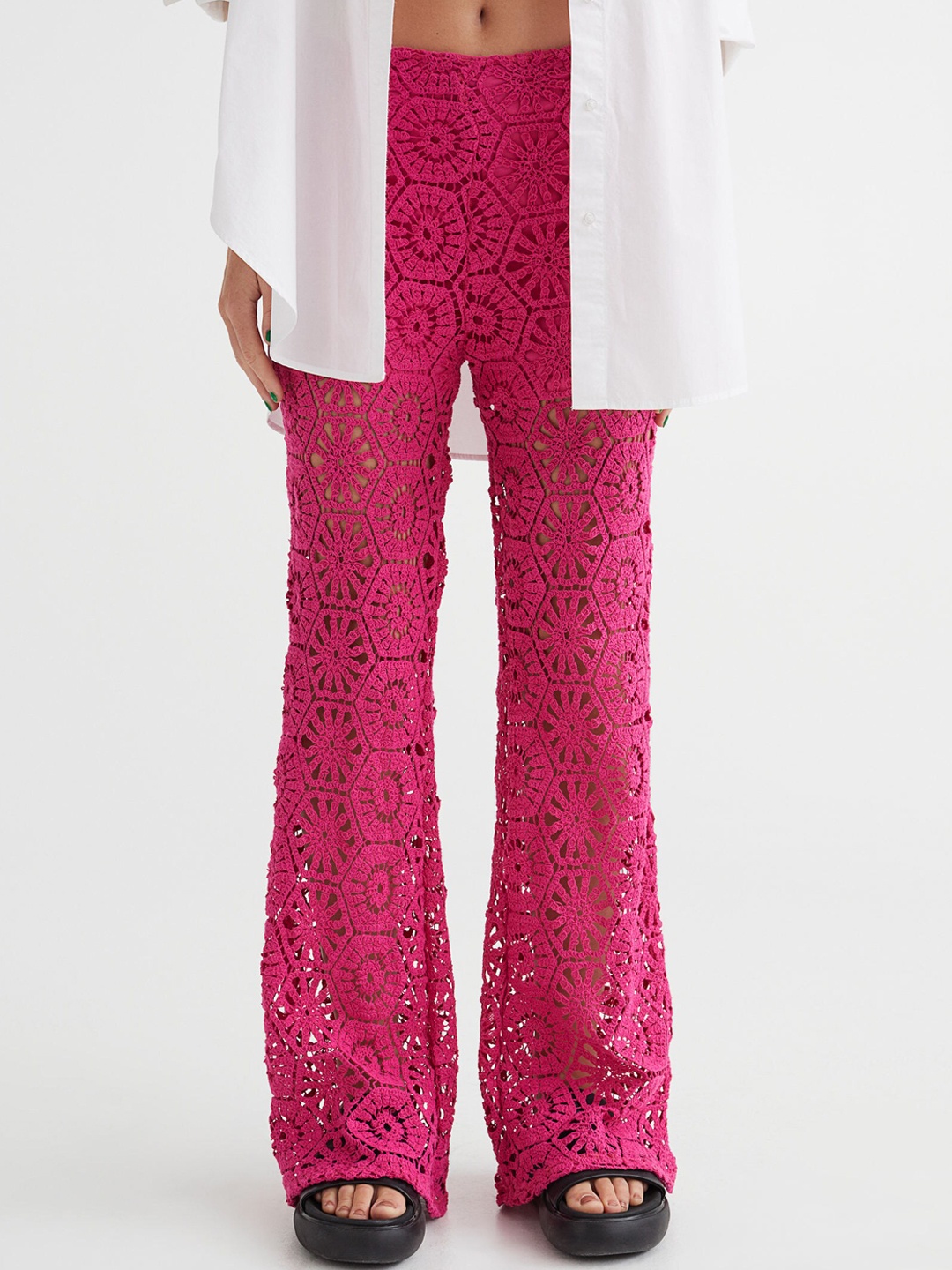 

H&M Women Straight Crocheted-Look Trousers, Pink