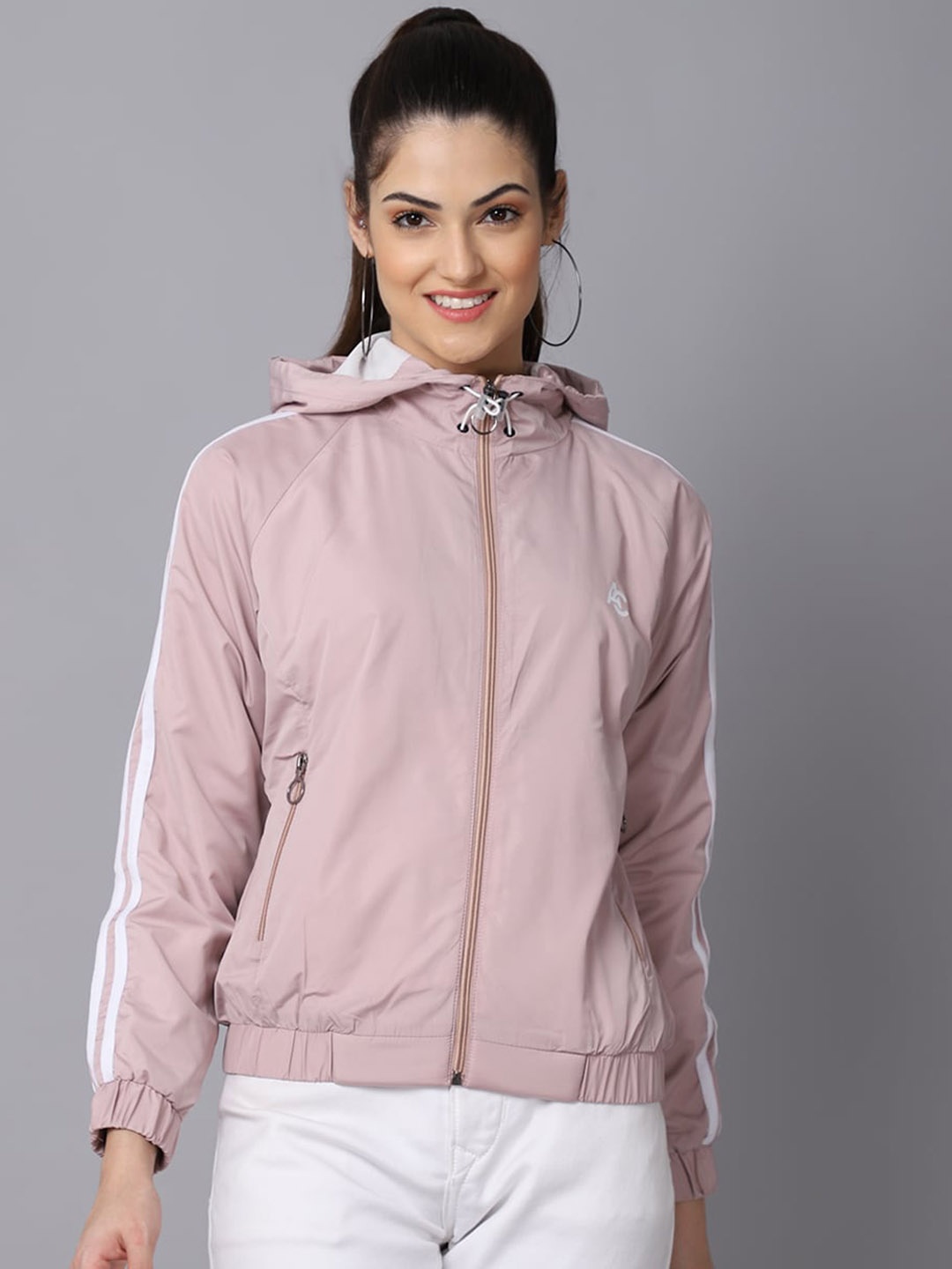 ANTI CULTURE Women Pink White Striped Windcheater Outdoor Bomber Jacket
